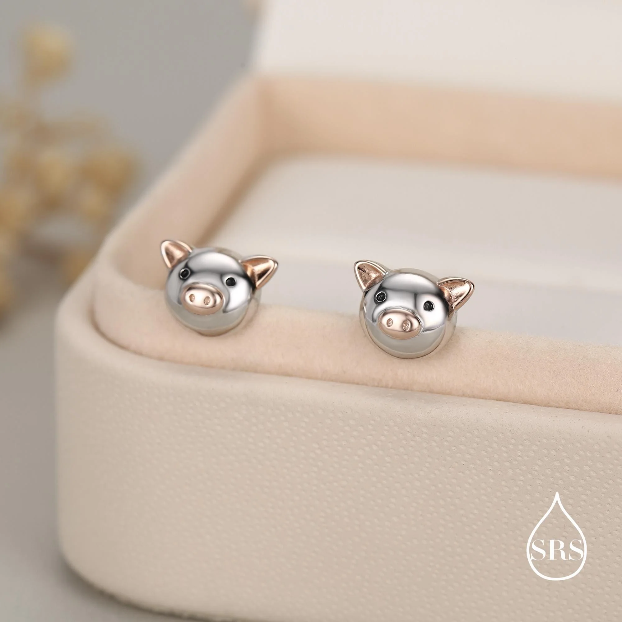 Cute Little Pig Stud Earrings in Sterling Silver - Silver and Rose Gold - Farm Animal Earrings - Whimsical and Pretty Jewellery - Image 3