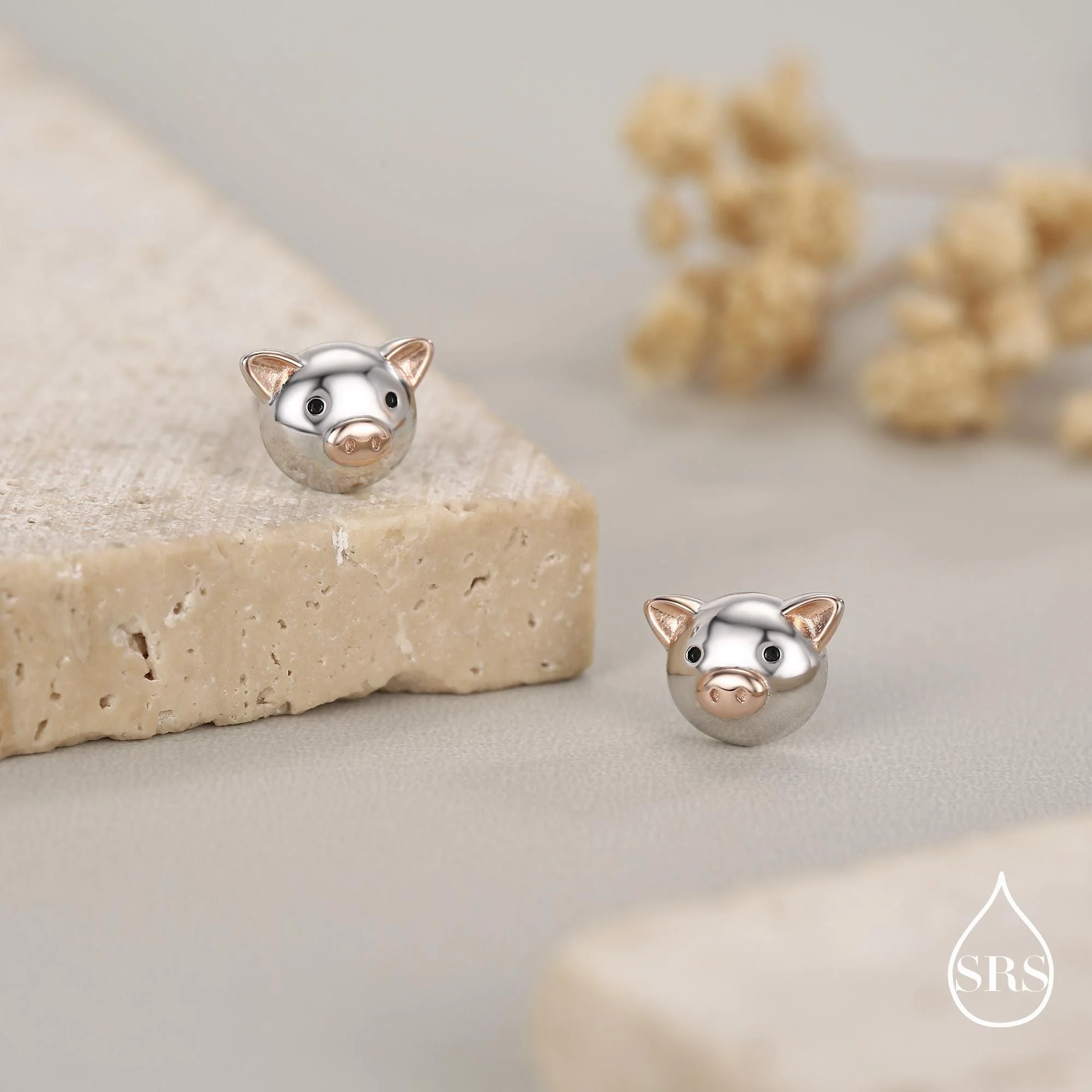 Cute Little Pig Stud Earrings in Sterling Silver - Silver and Rose Gold - Farm Animal Earrings - Whimsical and Pretty Jewellery - Image 5