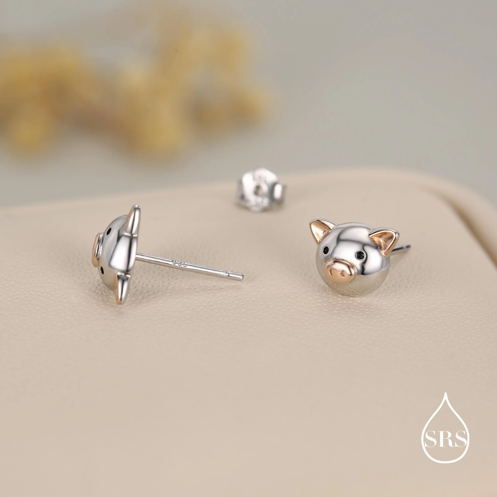Cute Little Pig Stud Earrings in Sterling Silver - Silver and Rose Gold - Farm Animal Earrings - Whimsical and Pretty Jewellery - Image 6
