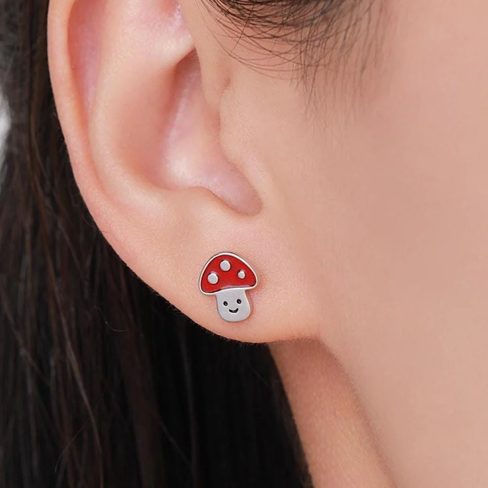 Cute Mushroom Stud Earrings in Sterling Silver, Silver or Gold Finish, Small Mushroom Earrings - Image 2
