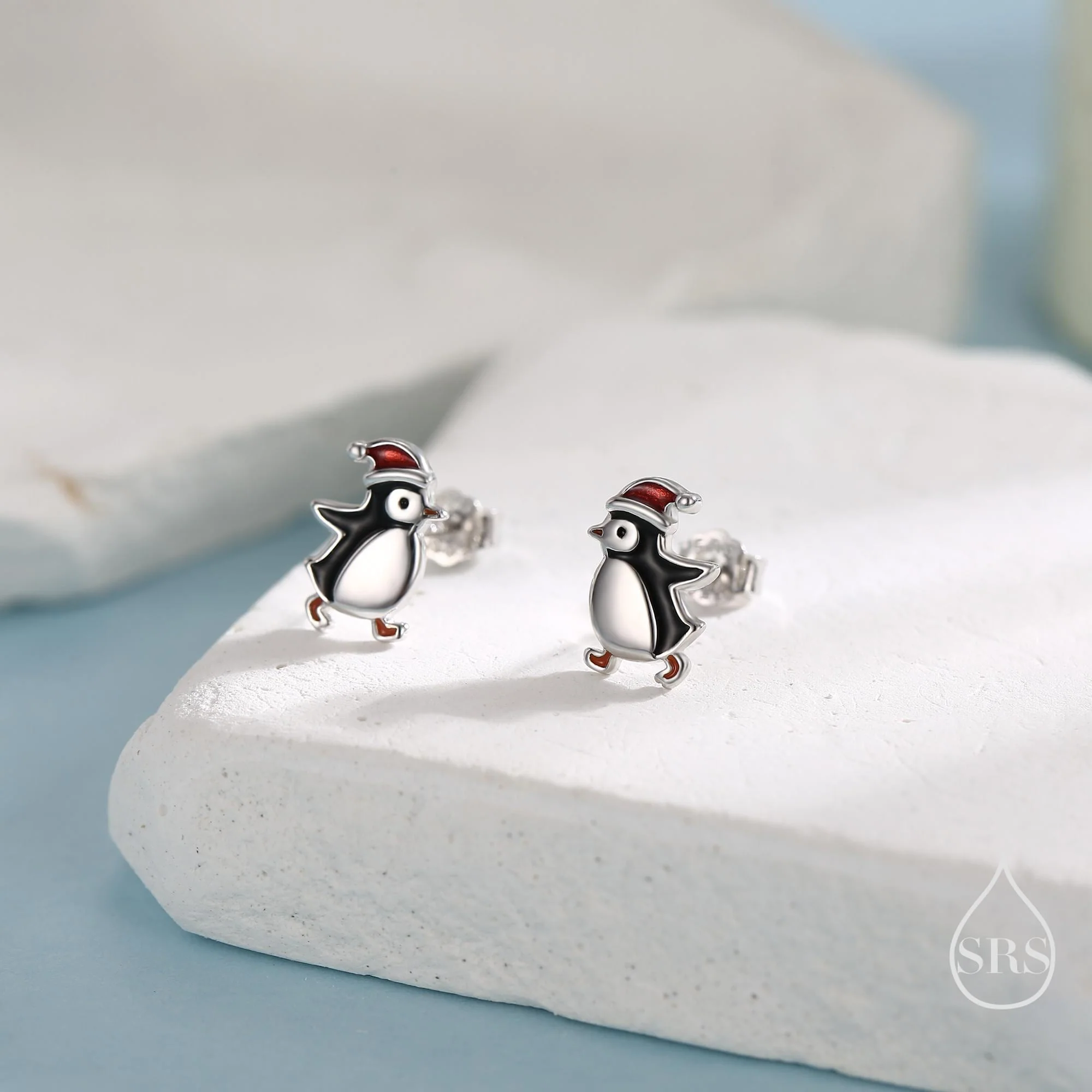 Cute Penguin with Christmas Hat Stud Earrings in Sterling Silver, Winter Earrings, Penguin Earrings, Christmas Earrings - Image 5
