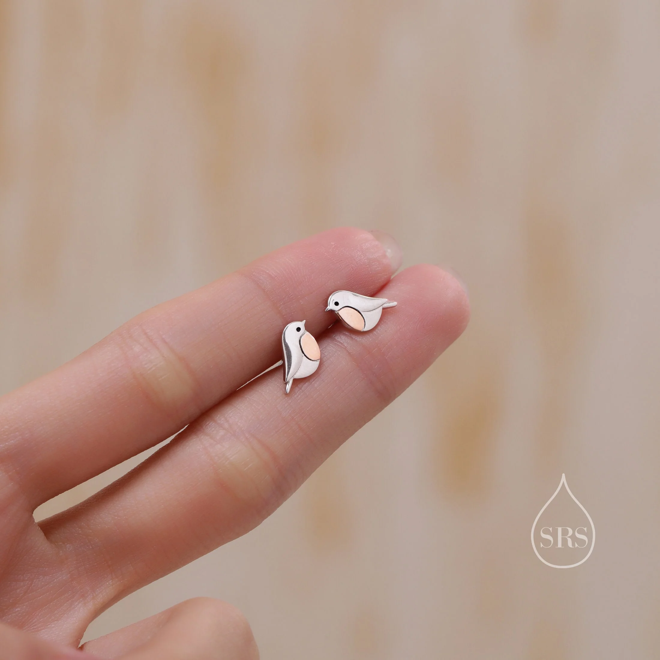 Cute Robin Bird Stud Earrings in Sterling Silver, Partial Rose Gold Coating, British Garden Bird Earrings, Nature Inspired Animal Earrings - Image 6