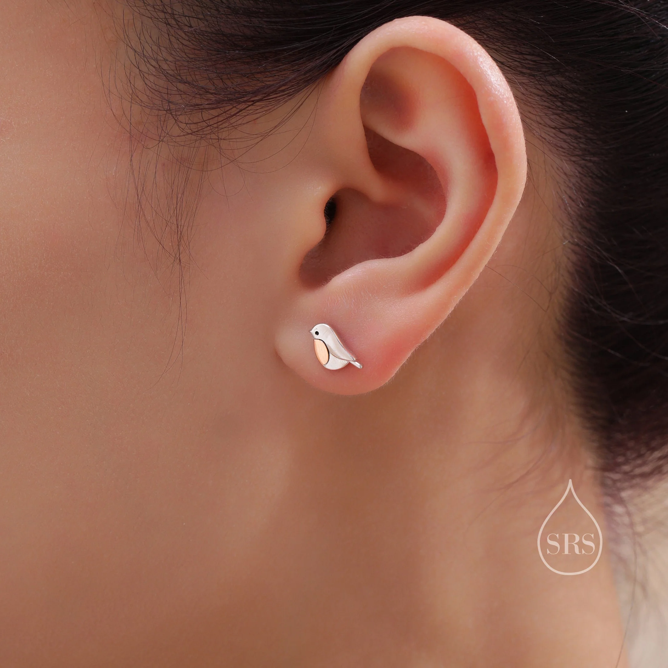 Cute Robin Bird Stud Earrings in Sterling Silver, Partial Rose Gold Coating, British Garden Bird Earrings, Nature Inspired Animal Earrings - Image 7
