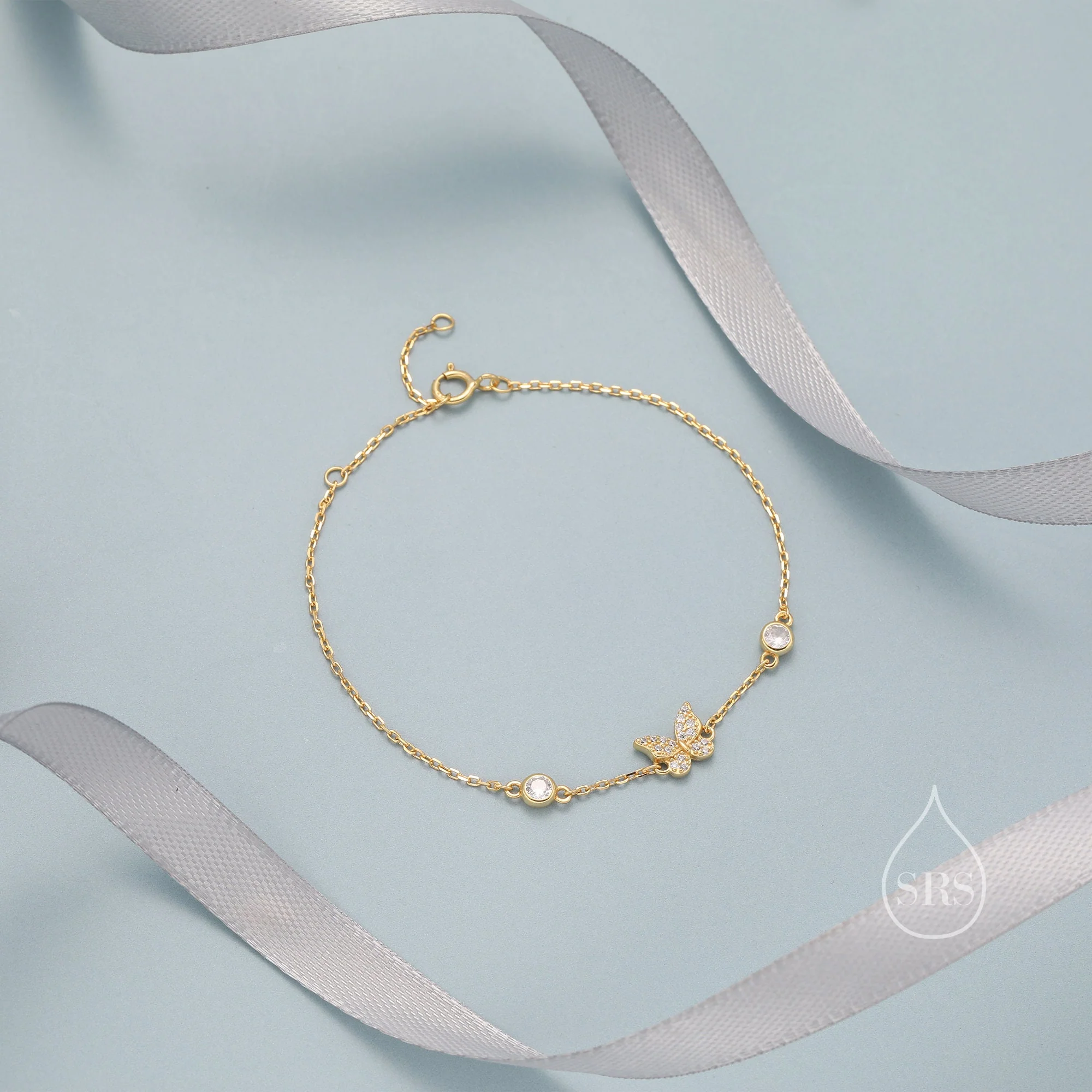 CZ and Crystal Butterfly Floating Bracelet in Sterling Silver, Silver or Gold or Rose gold, Satellite Bracelet, Solid Silver Bracelet - Image 2