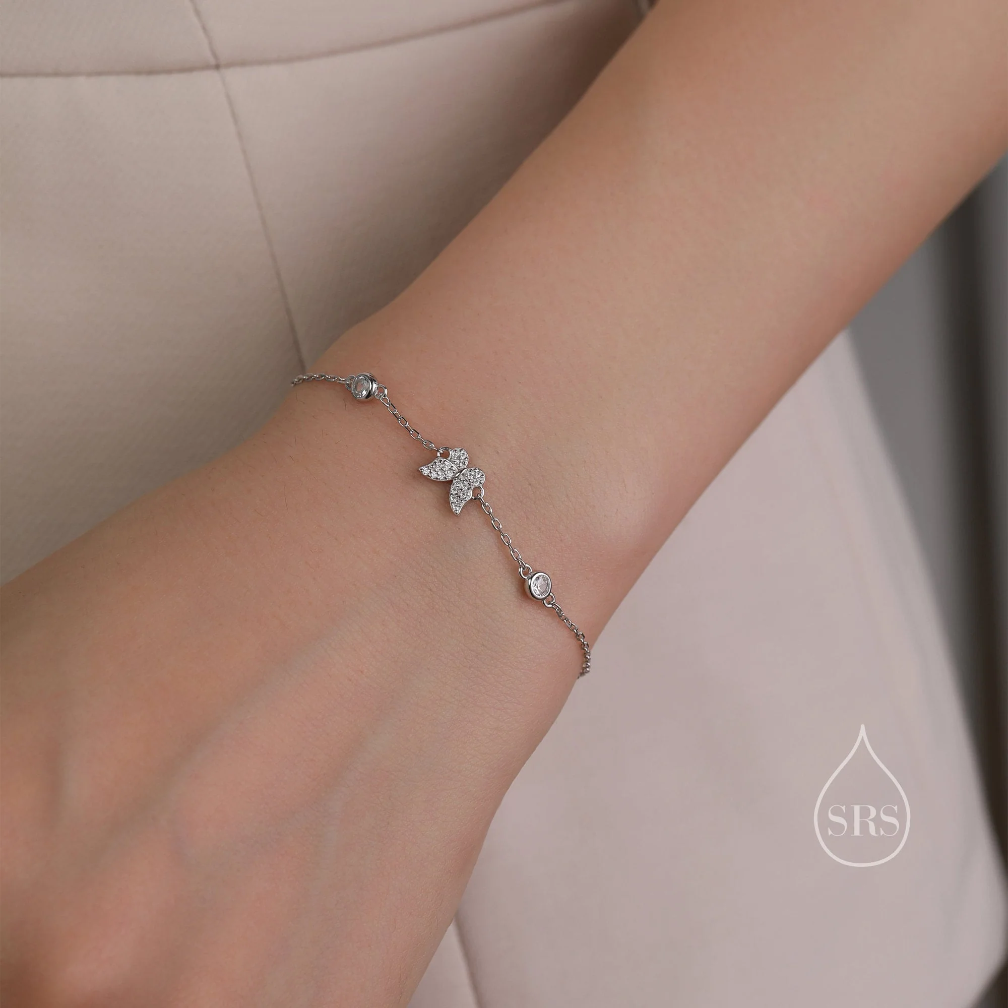 CZ and Crystal Butterfly Floating Bracelet in Sterling Silver, Silver or Gold or Rose gold, Satellite Bracelet, Solid Silver Bracelet - Image 5