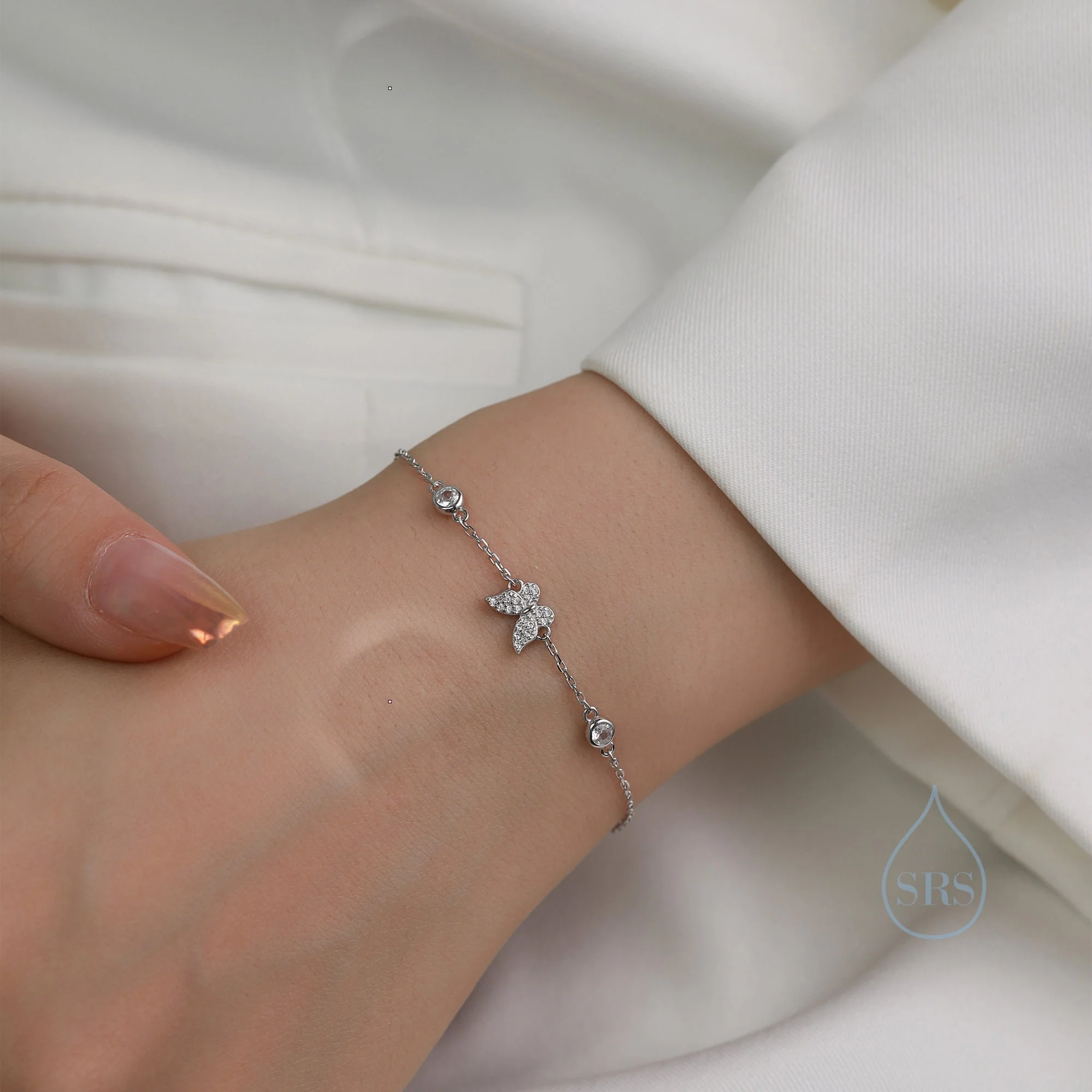 CZ and Crystal Butterfly Floating Bracelet in Sterling Silver, Silver or Gold or Rose gold, Satellite Bracelet, Solid Silver Bracelet - Image 6