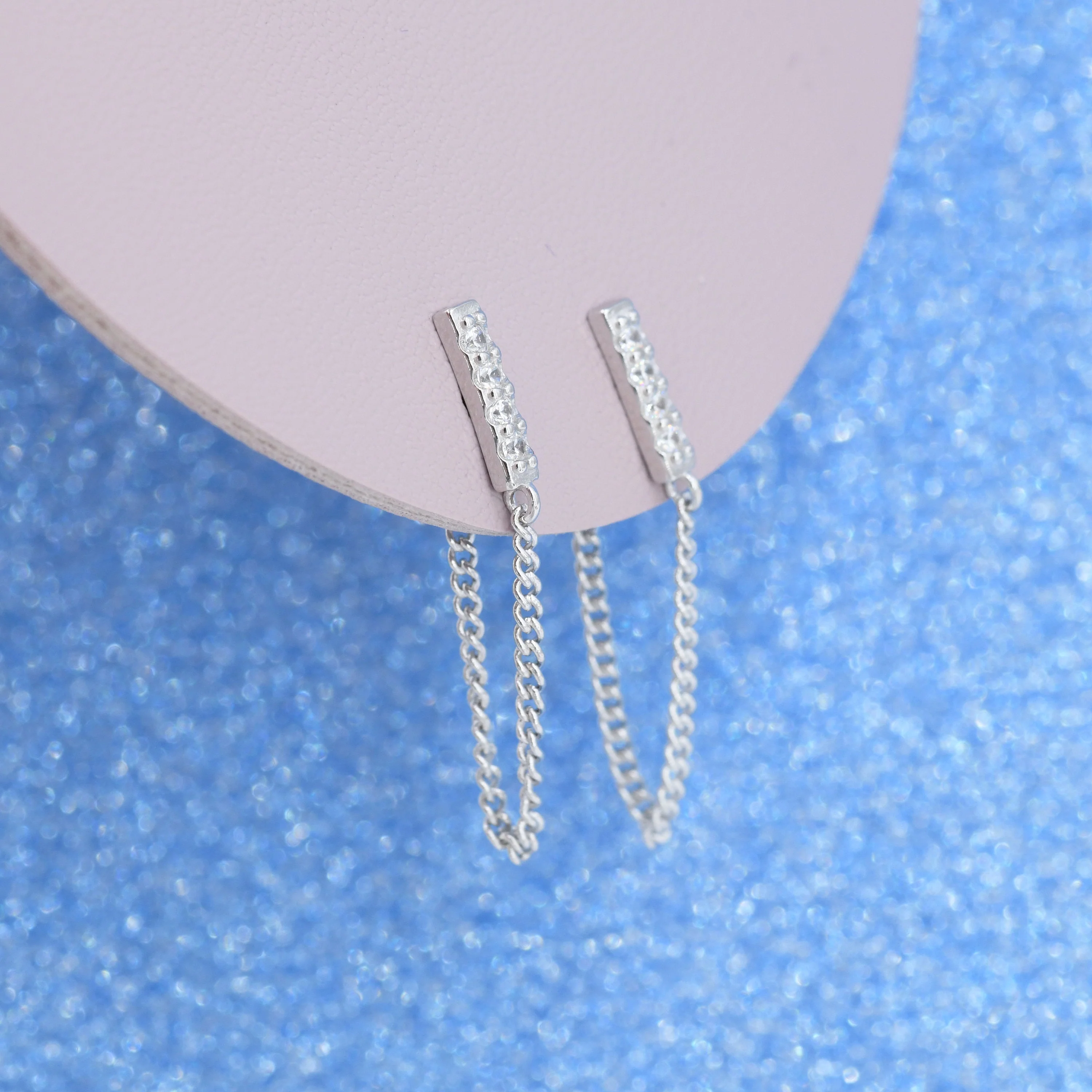 CZ Bar Chain Earrings in Sterling Silver, Silver or Gold, Vertical Bar Front and Back Ear Jacket, Minimalist and Geometric, Chained Earrings - Image 5