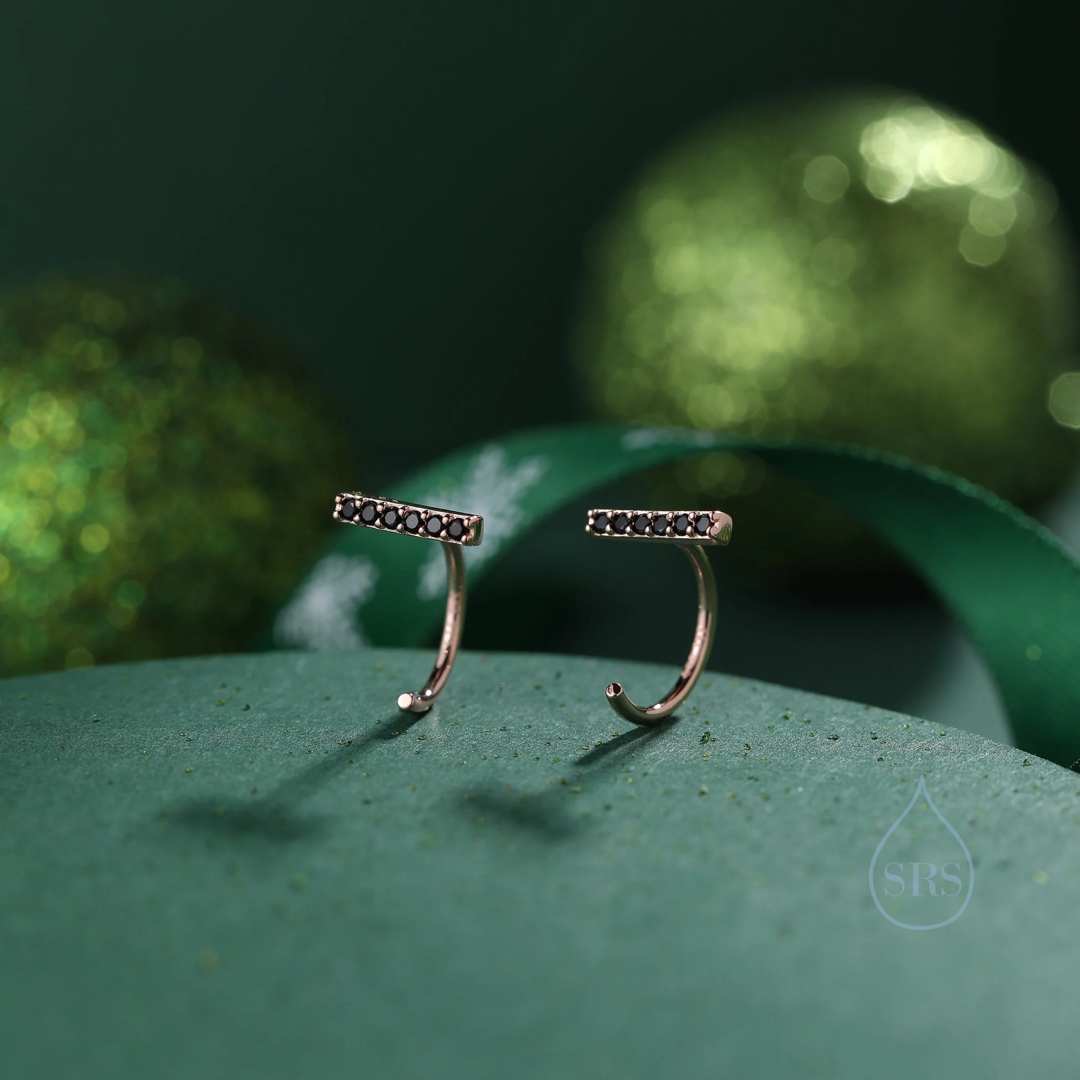 CZ Bar Huggie Hoop Earrings in Sterling Silver, Silver or Gold, Black or Clear CZ, Half Hoop, Open Hoop, Pull Through - Image 5