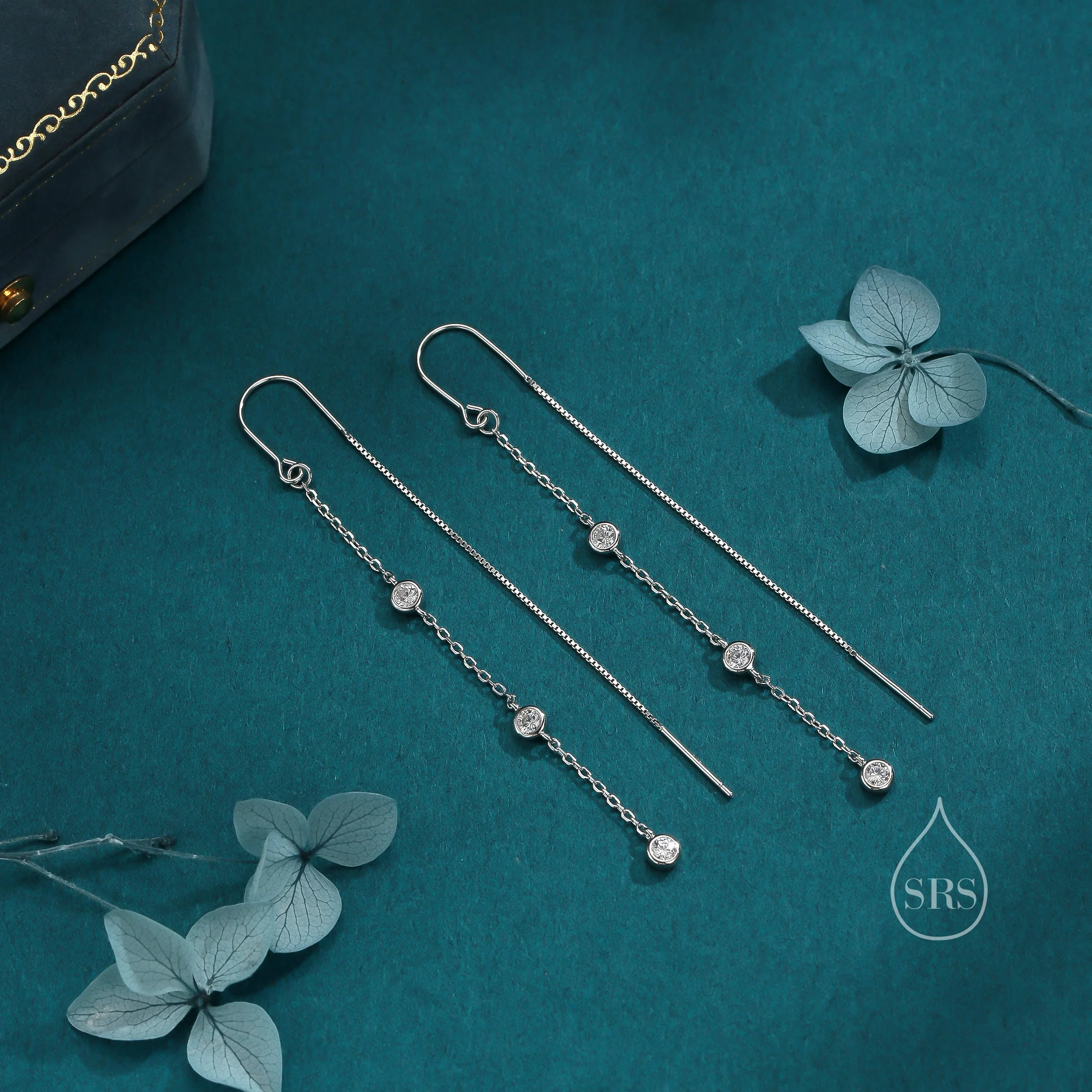 CZ Bezel Cascade Drop U Threader Earrings in Sterling Silver, Silver or Gold, Geometric CZ Long Dangle Drop Earrings - Image 3