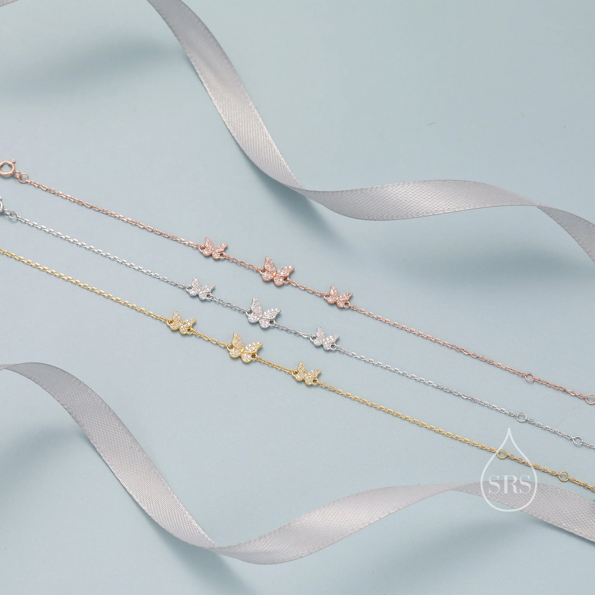 CZ Butterfly Floating Bracelet in Sterling Silver, Silver or Gold or Rose gold, Satellite Crystal Bracelet, Solid Silver Bracelet - Image 11
