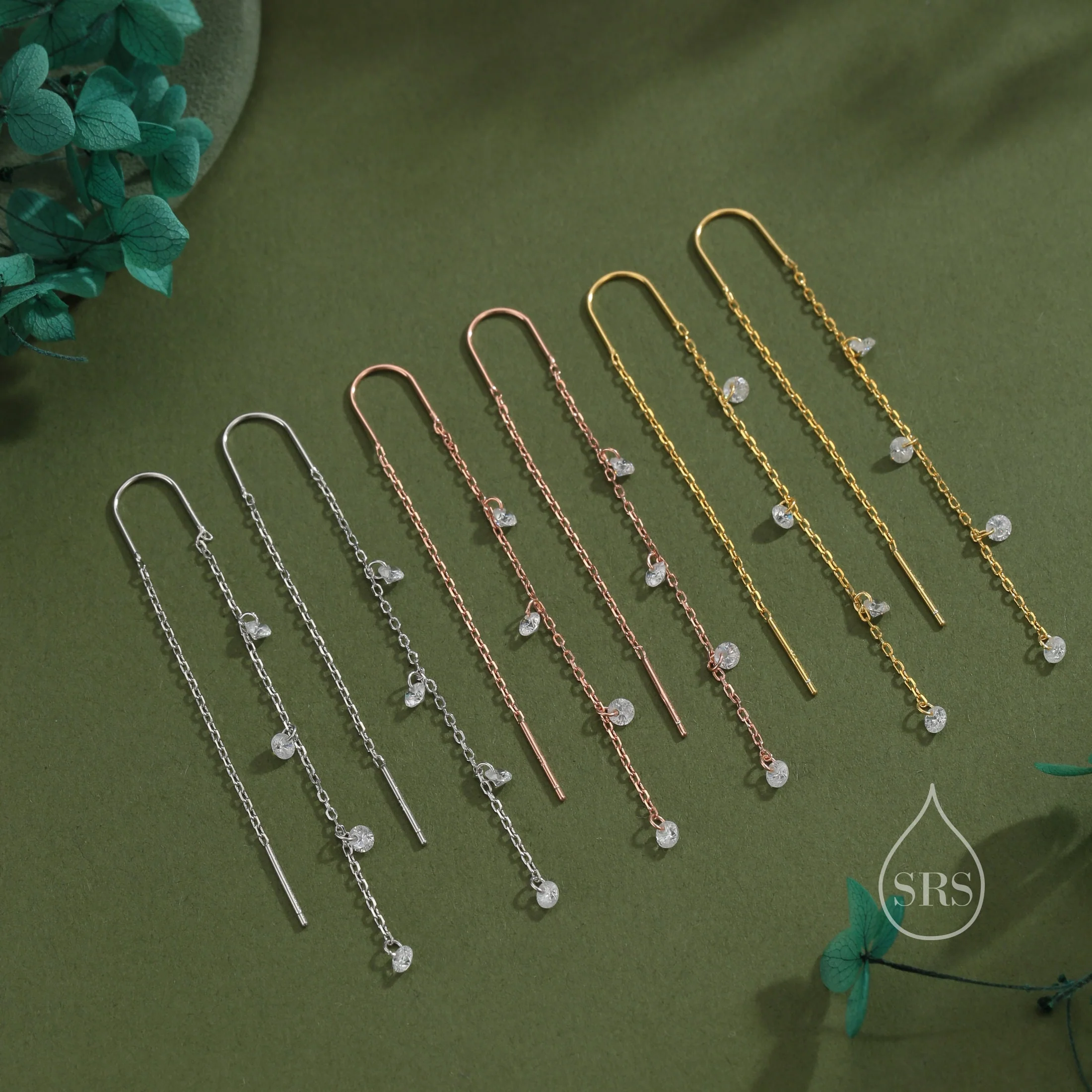 CZ Cascade Drop U Threader Earrings in Sterling Silver, Silver or Gold or Rose Gold, Geometric CZ Dangle Drop Earrings, CZ Long Drop Earring - Image 5