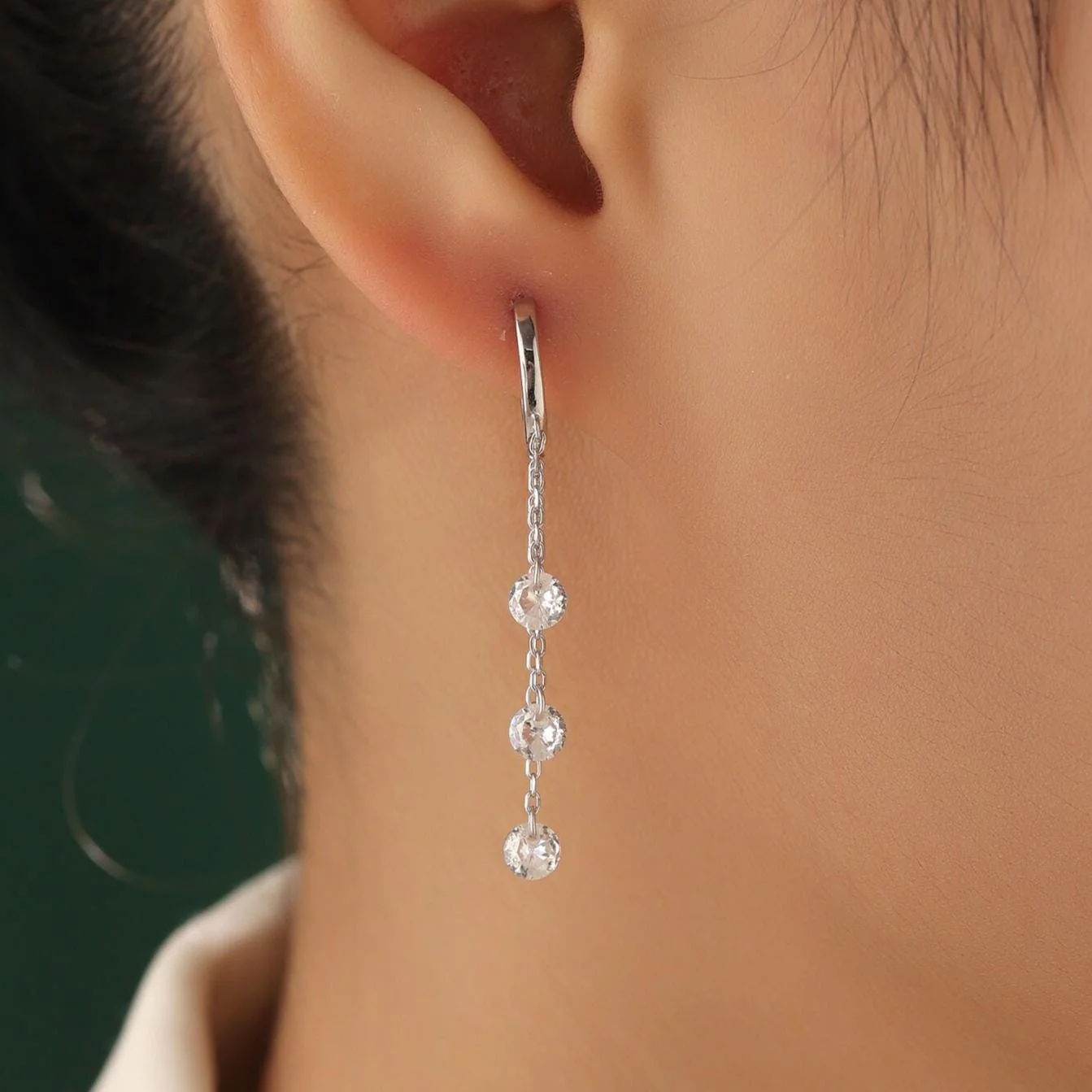 CZ Cascade Huggie Hoop Earrings in Sterling Silver, Silver or Gold, Geometric CZ Dangle Hoop Earrings, CZ Hoop Earrings - Image 4