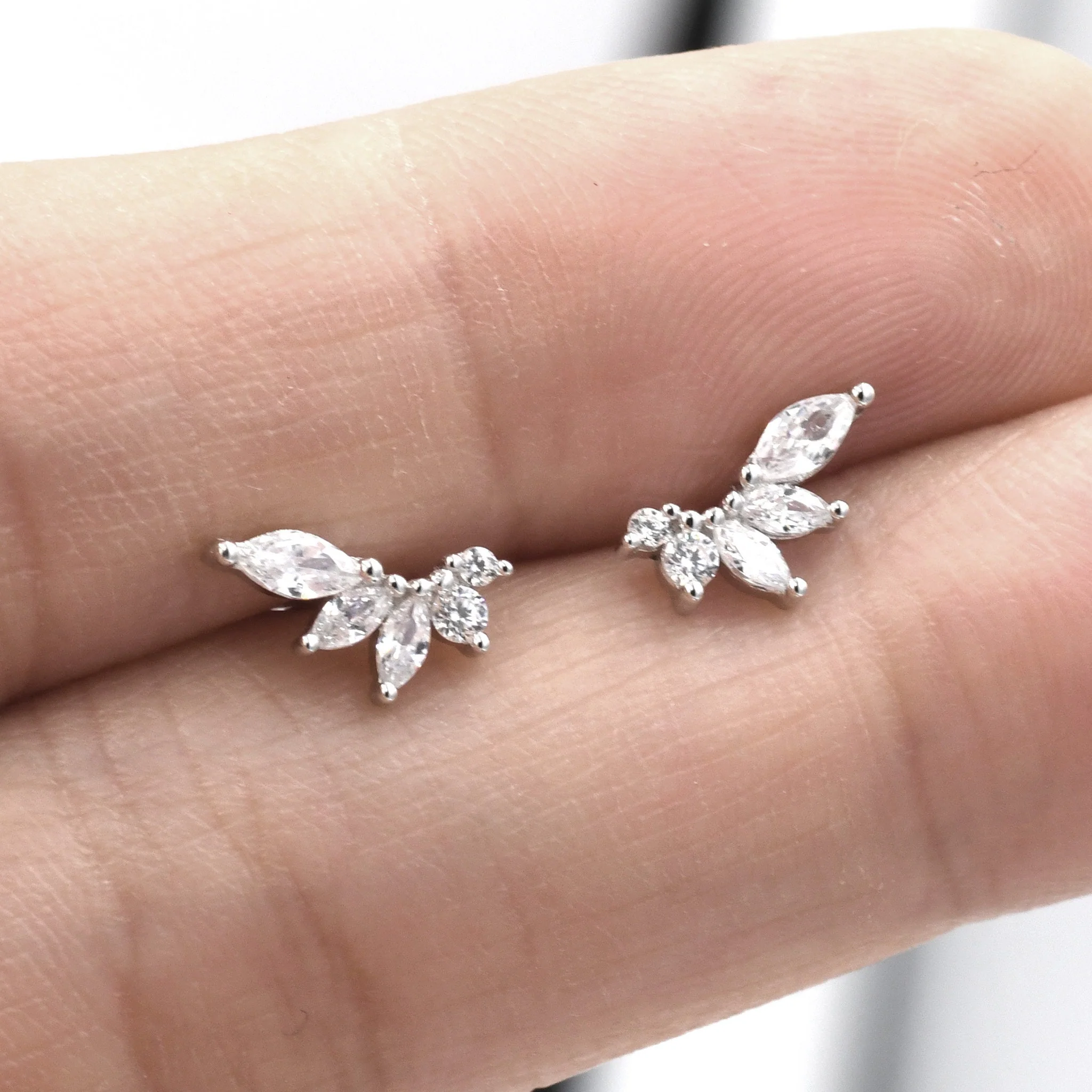 CZ Cluster Stud Earrings in Sterling Silver, Silver or Gold, Dainty Marquise Crystal Earrings, Bridesmaid's Jewellery - Image 2
