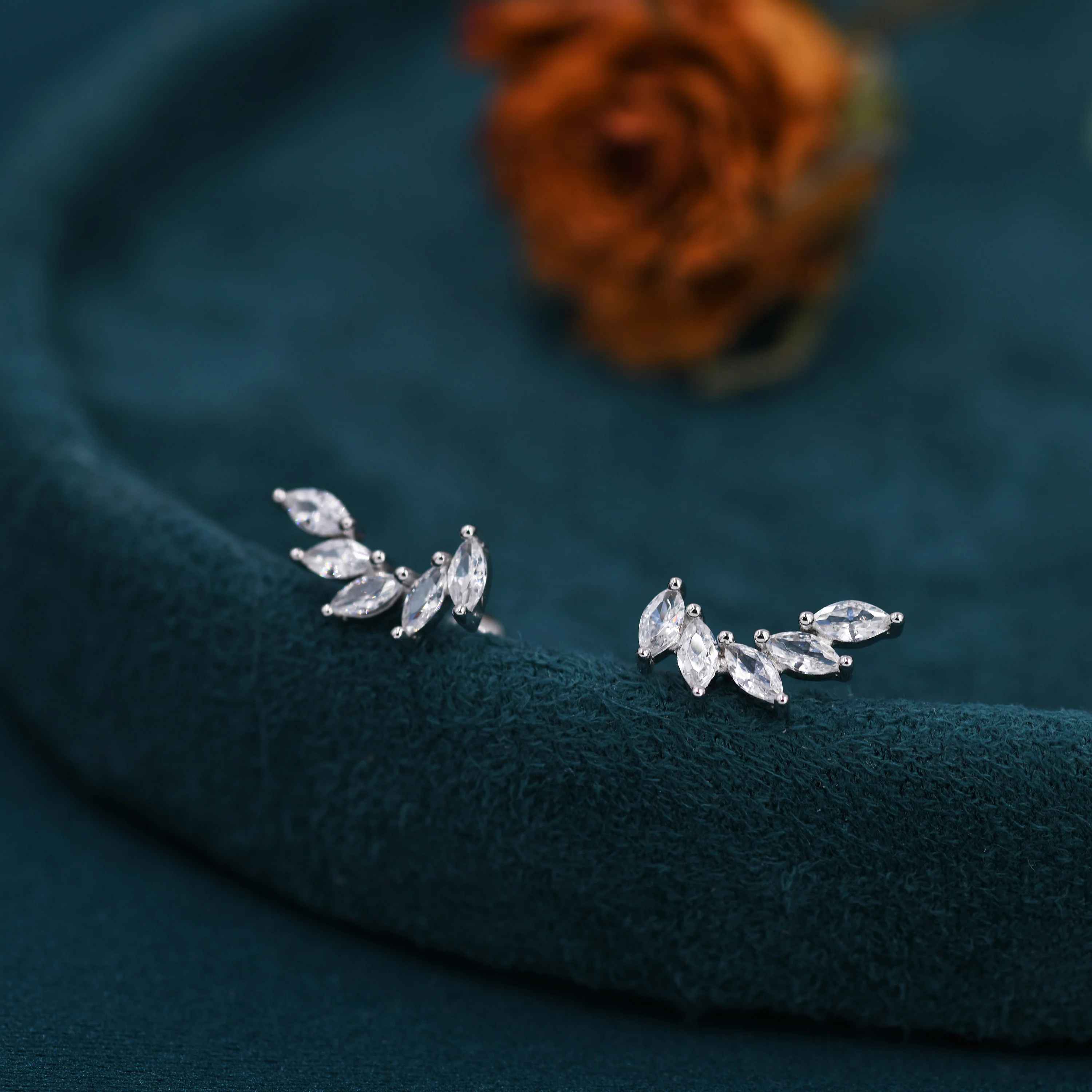 CZ Cluster Stud Earrings in Sterling Silver, Silver or Gold, Dainty Marquise Crystal Mini Crawler Earrings, Bridesmaid's Jewellery