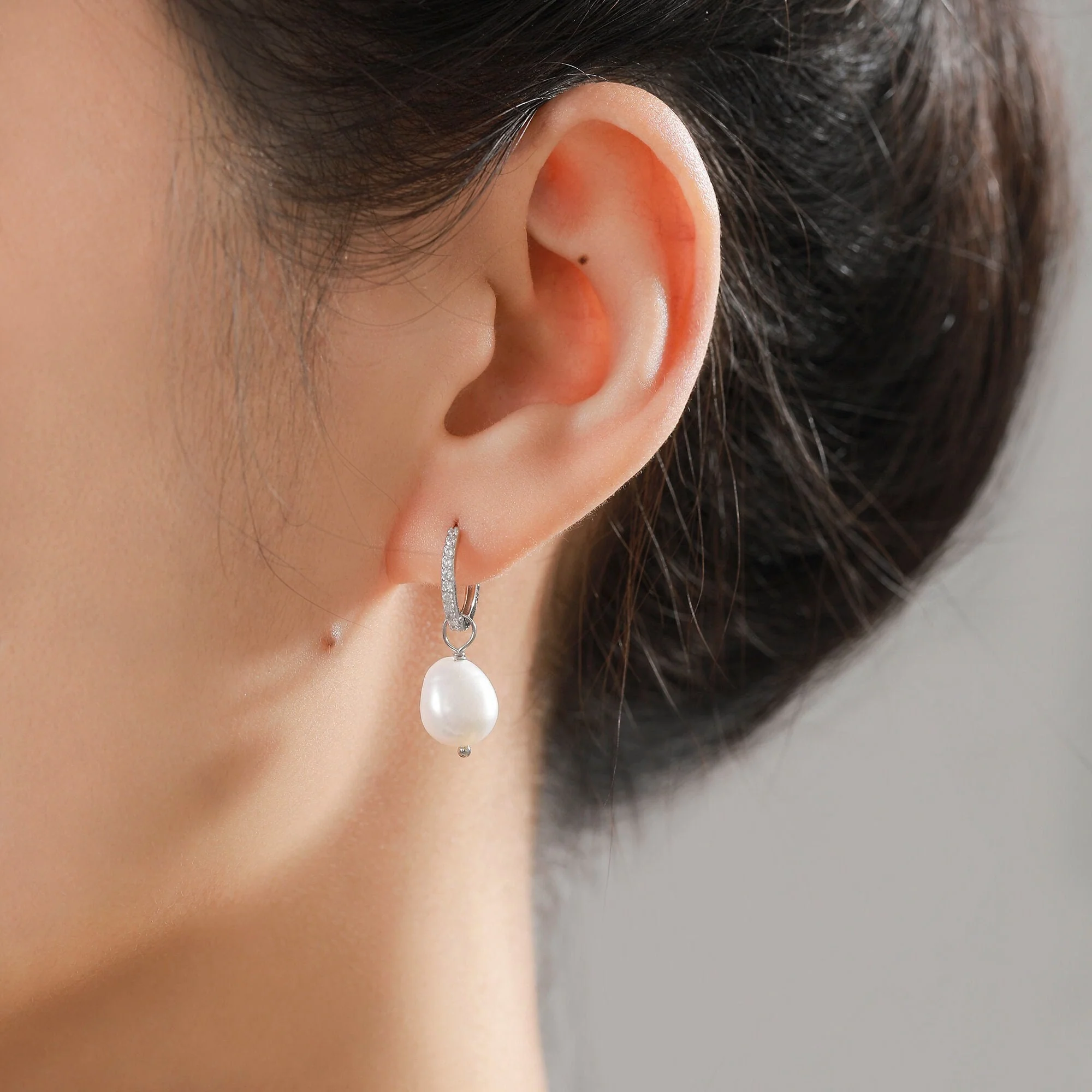 CZ Crystal Huggie Hoop Earrings in Sterling Silver with Detachable Pearl Charms, Genuine Freshwater Baroque Pearls, Real Pearls