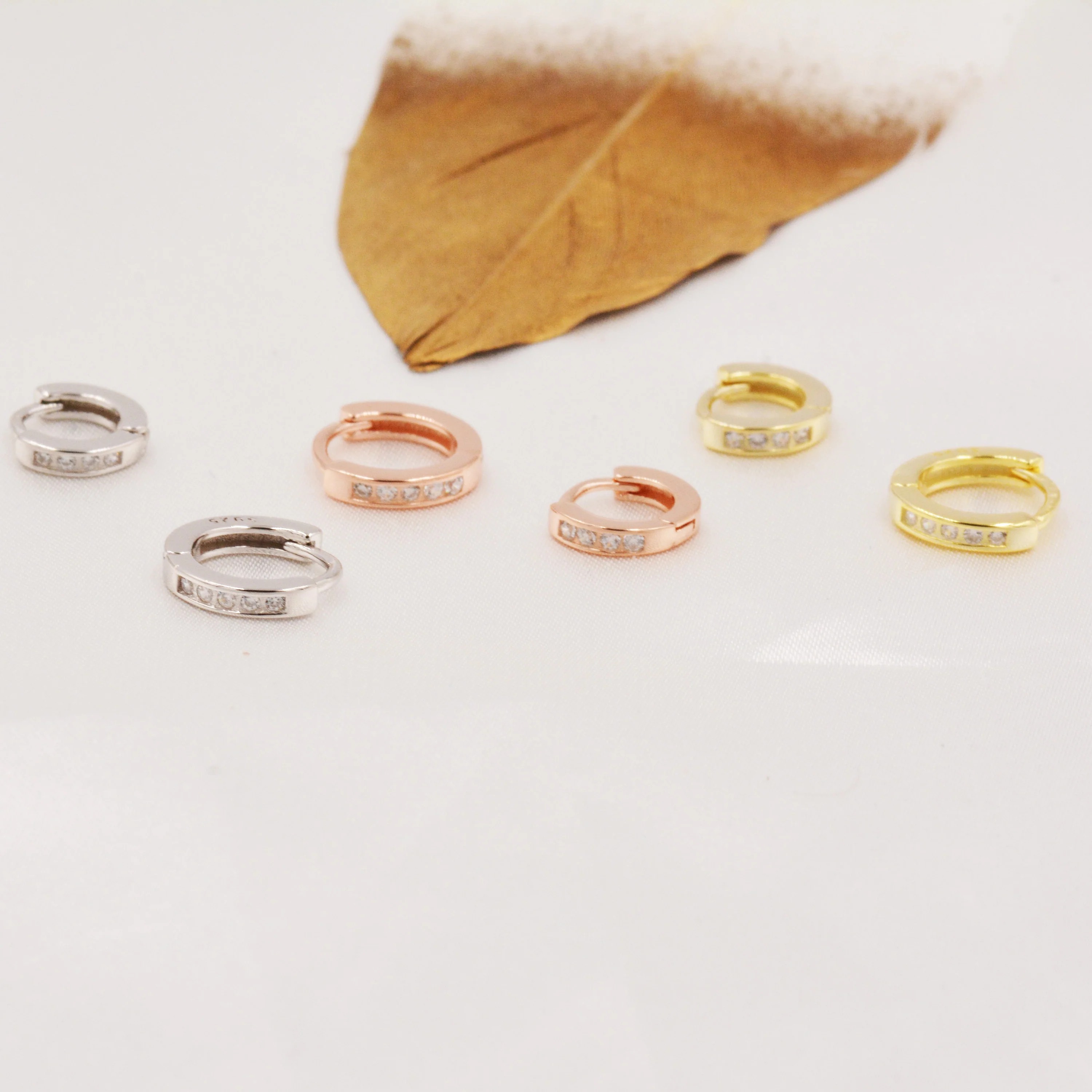 CZ Crystal Pave Huggie Hoops in Sterling Silver, 6mm and 8mm, Rose gold and Gold, Simple Crystal Hoops - Image 2