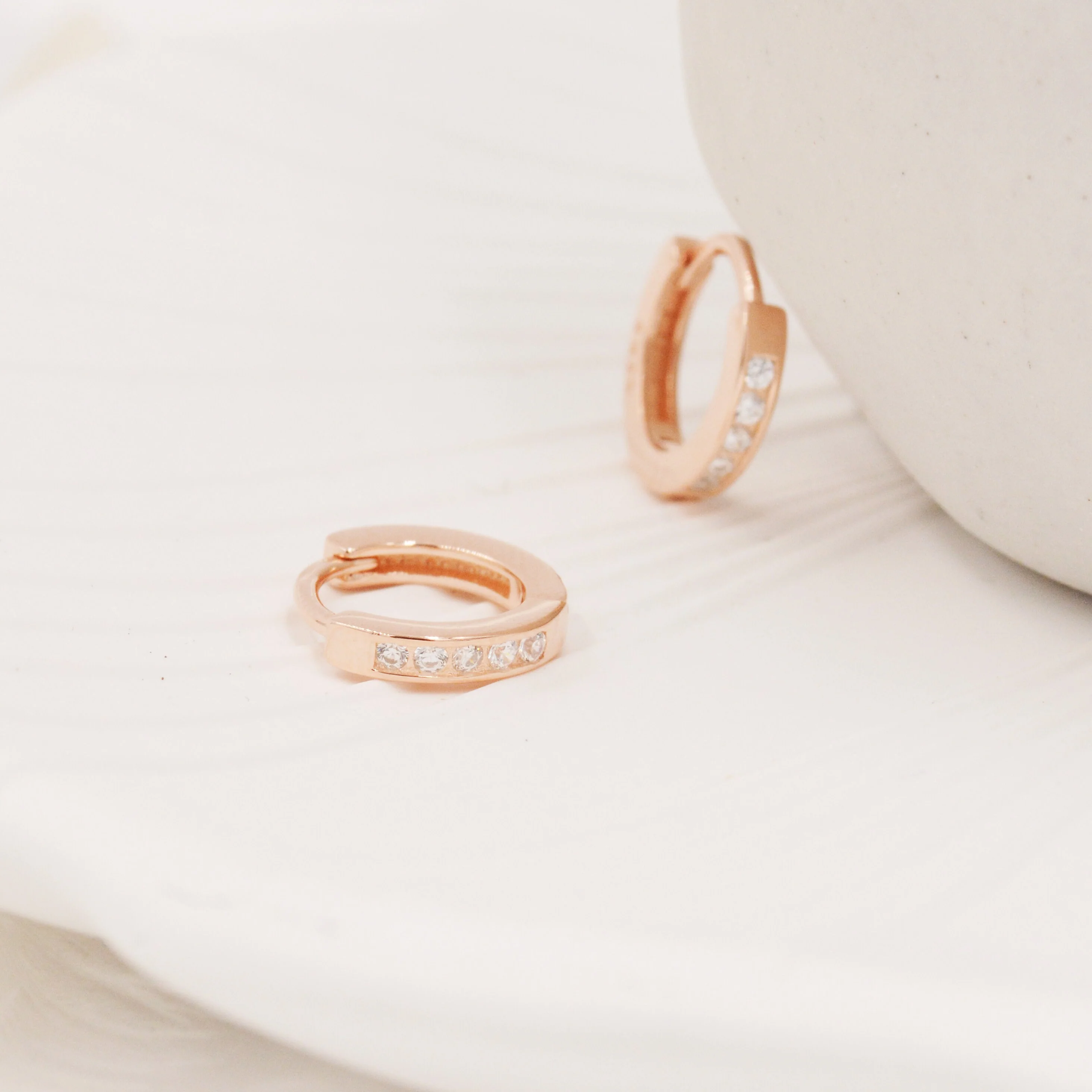 CZ Crystal Pave Huggie Hoops in Sterling Silver, 6mm and 8mm, Rose gold and Gold, Simple Crystal Hoops - Image 7