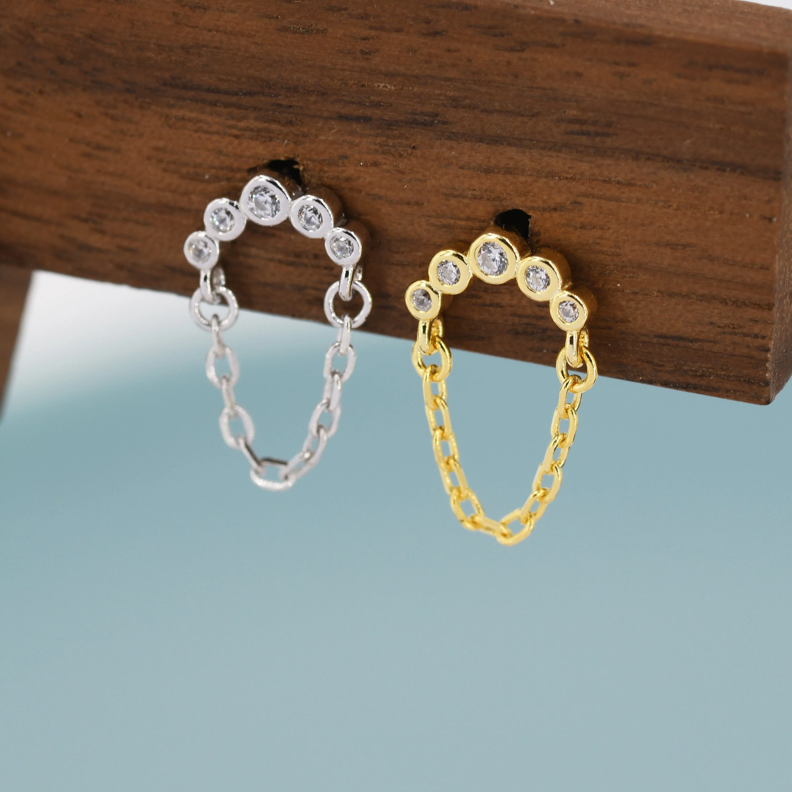 CZ Curved Bar Chained Stud Earrings in Sterling Silver, Silver, Gold or Rose Gold, Dangle Chain Earrings, Single Piercing - Image 4