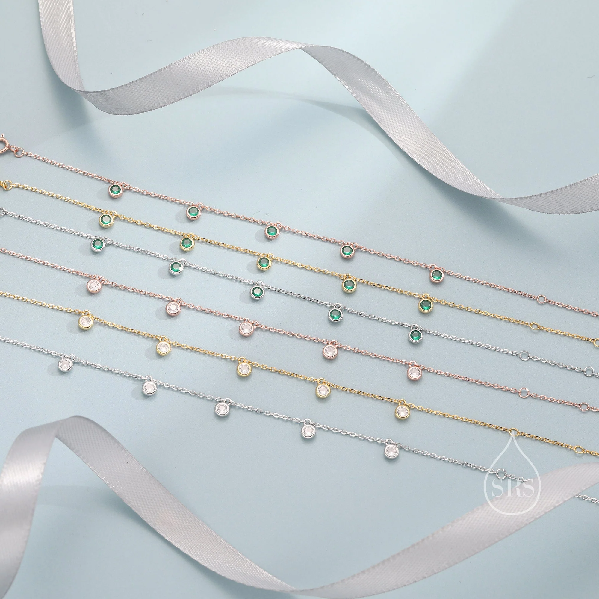 CZ Dangle Bracelet in Sterling Silver, Silver or Gold or Rose Gold, Satellite Crystal Bracelet, Solid Silver Motif Bracelet - Image 6