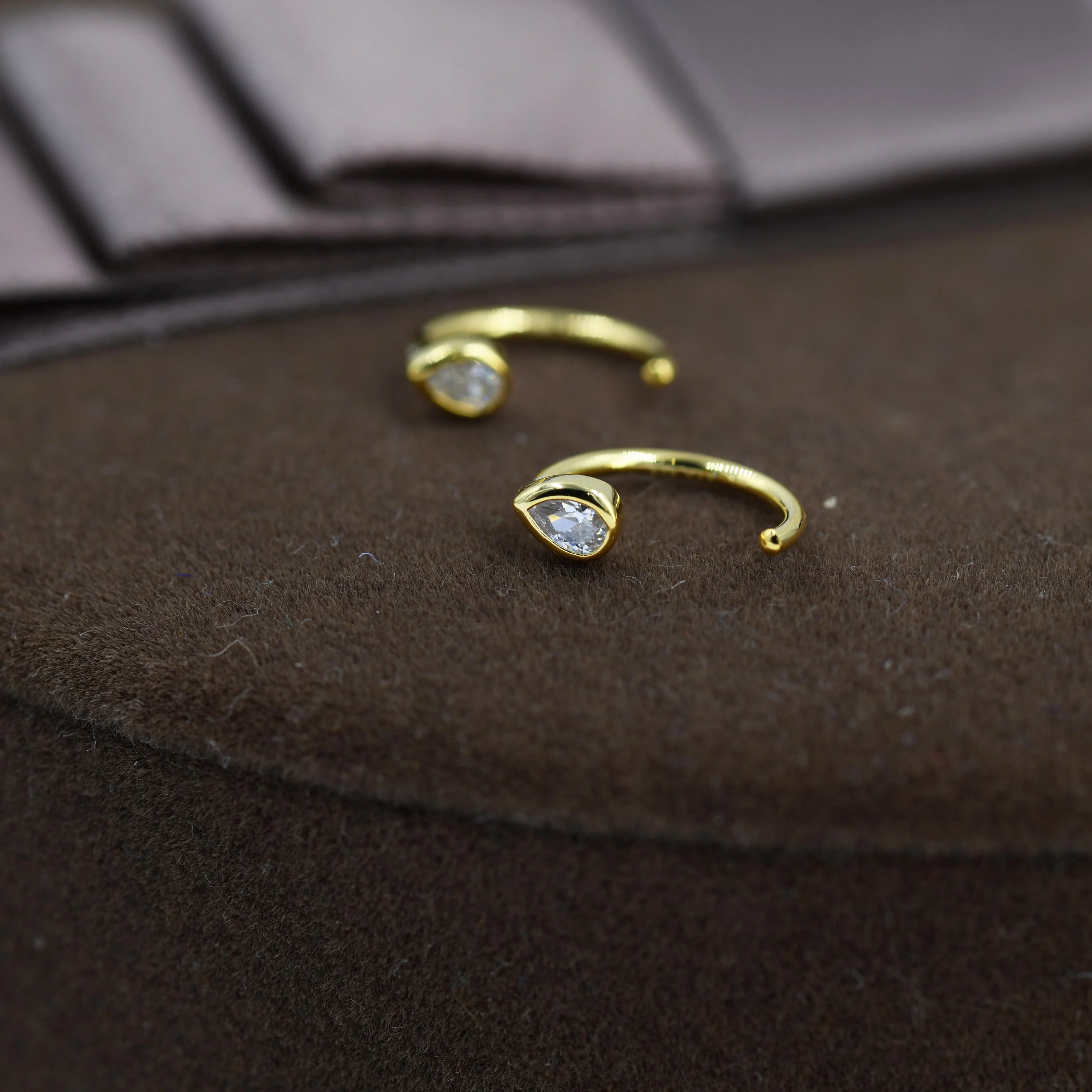 CZ Droplet Huggie Hoop Earrings in Sterling Silver, Tiny CZ Pear Cut Open Hoops, Pull Through Threaders, Half Hoops, C Shape - Image 2
