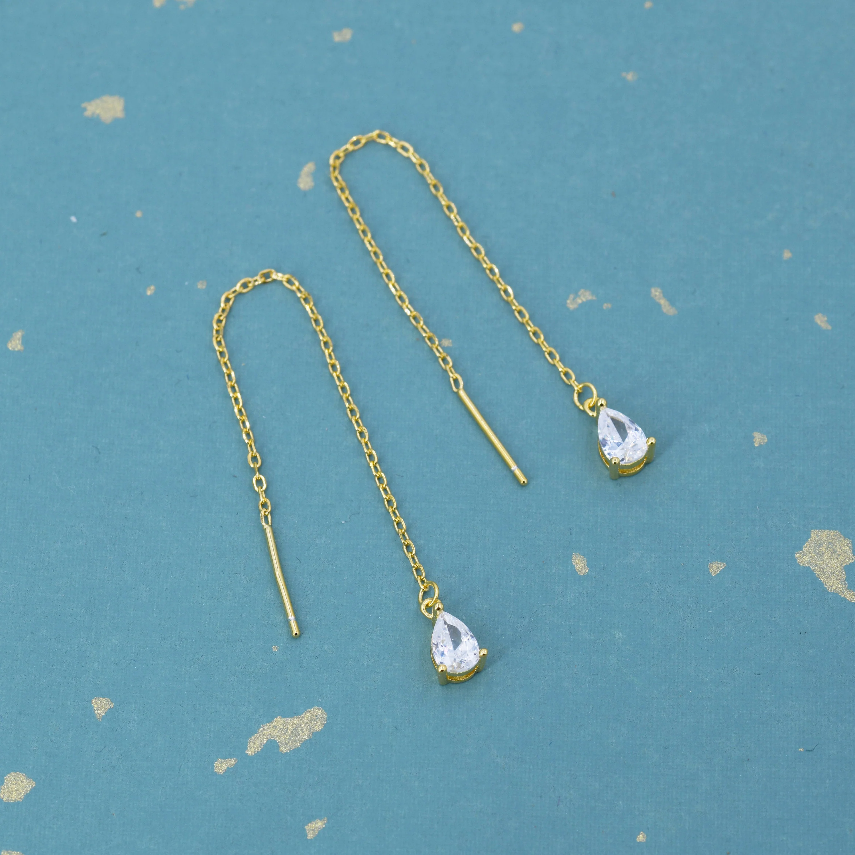 CZ Droplet Threader Earrings in Sterling Silver, Silver or Gold, Pear Cut 4x6mm CZ Long Ear Threaders, Sparkly CZ Threaders - Image 7