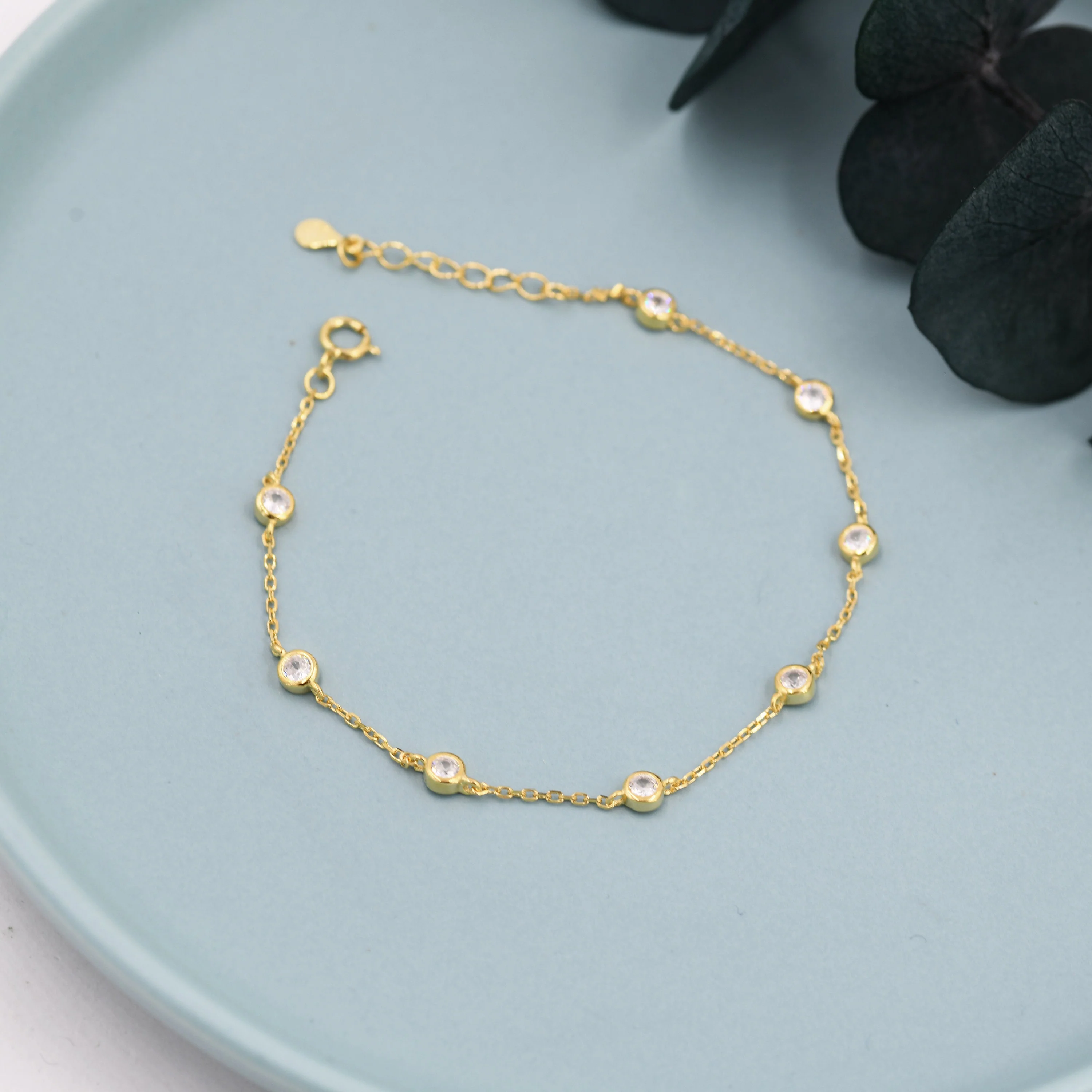 CZ Floating Bracelet or Anklet in Sterling Silver, Silver or Gold, Satellite Crystal Bracelet or Anklet, Solid Silver Motif Bracelet - Image 5