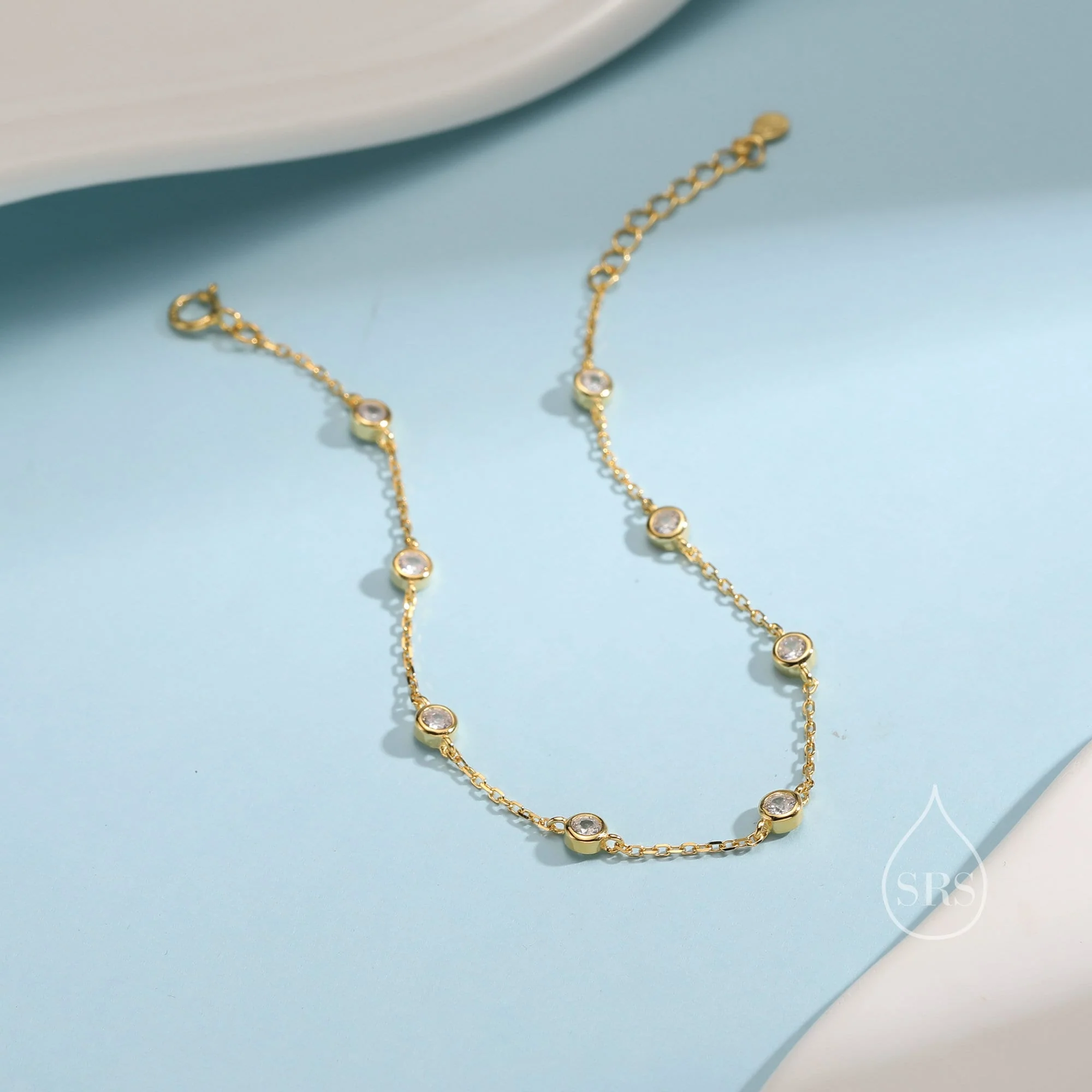 CZ Floating Bracelet or Anklet in Sterling Silver, Silver or Gold, Satellite Crystal Bracelet or Anklet, Solid Silver Motif Bracelet - Image 7