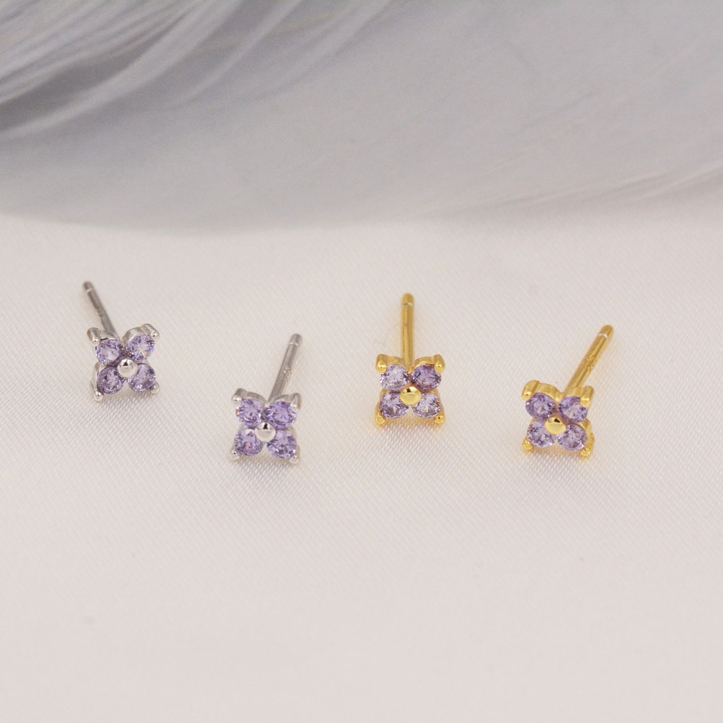 CZ Flower Stud Earrings in Sterling Silver, Crystal Flower Earrings, Amethyst, Ruby, Emerald and Black Diamond, Four Crystal Stud - Image 3