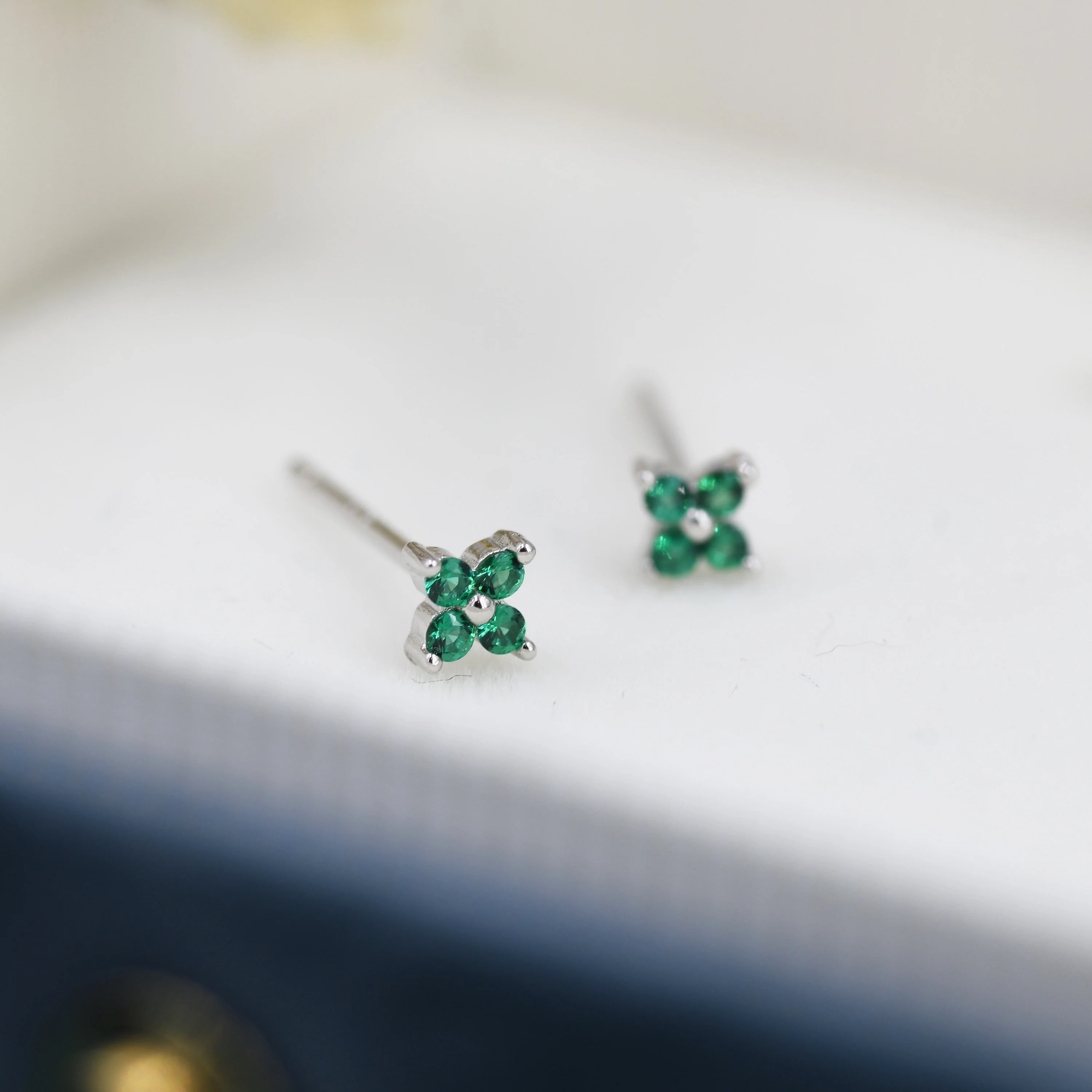 CZ Flower Stud Earrings in Sterling Silver, Crystal Flower Earrings, Amethyst, Ruby, Emerald and Black Diamond, Four Crystal Stud - Image 4