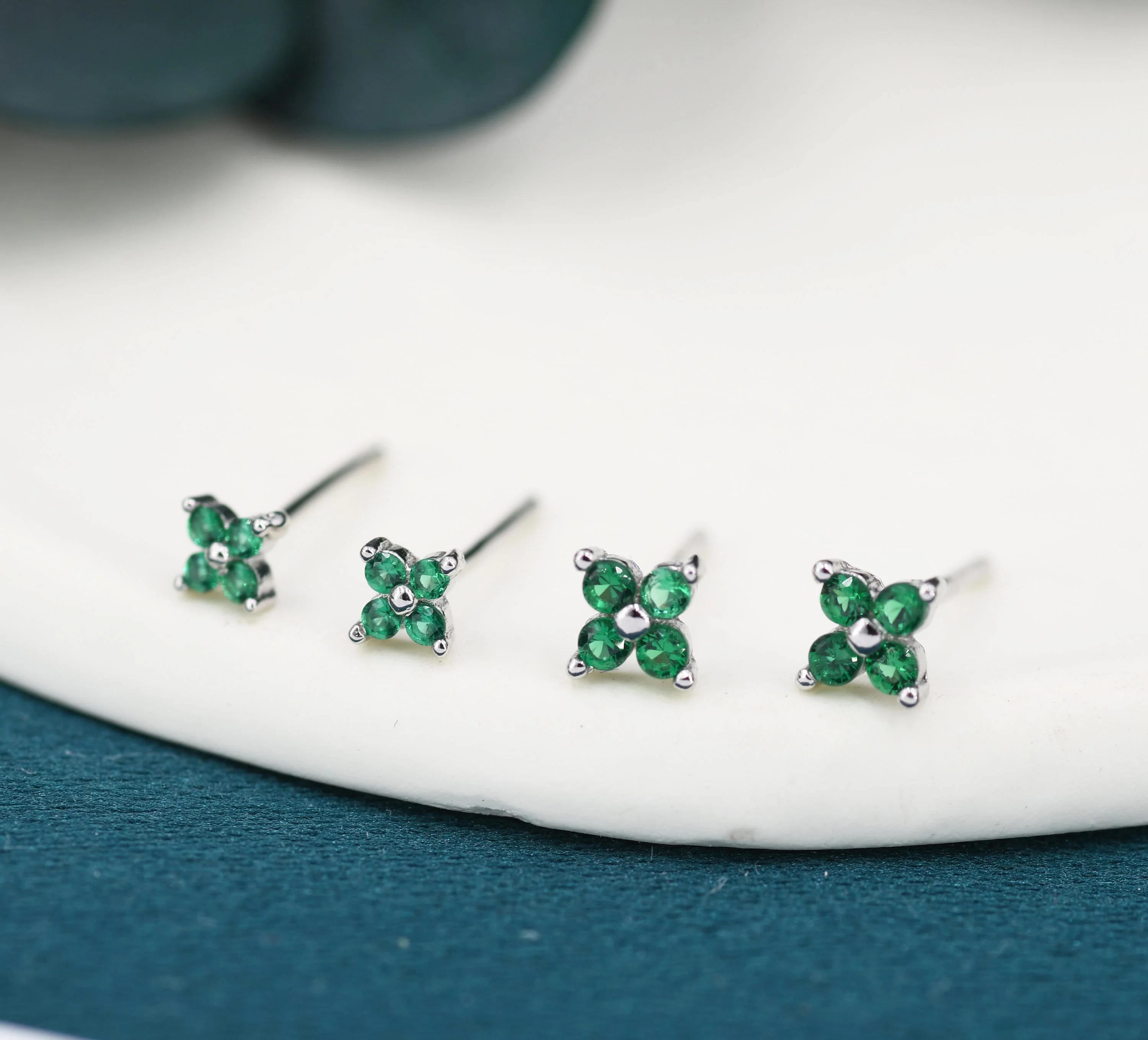 CZ Flower Stud Earrings in Sterling Silver, Crystal Flower Earrings, Amethyst, Ruby, Emerald and Black Diamond, Four Crystal Stud - Image 8