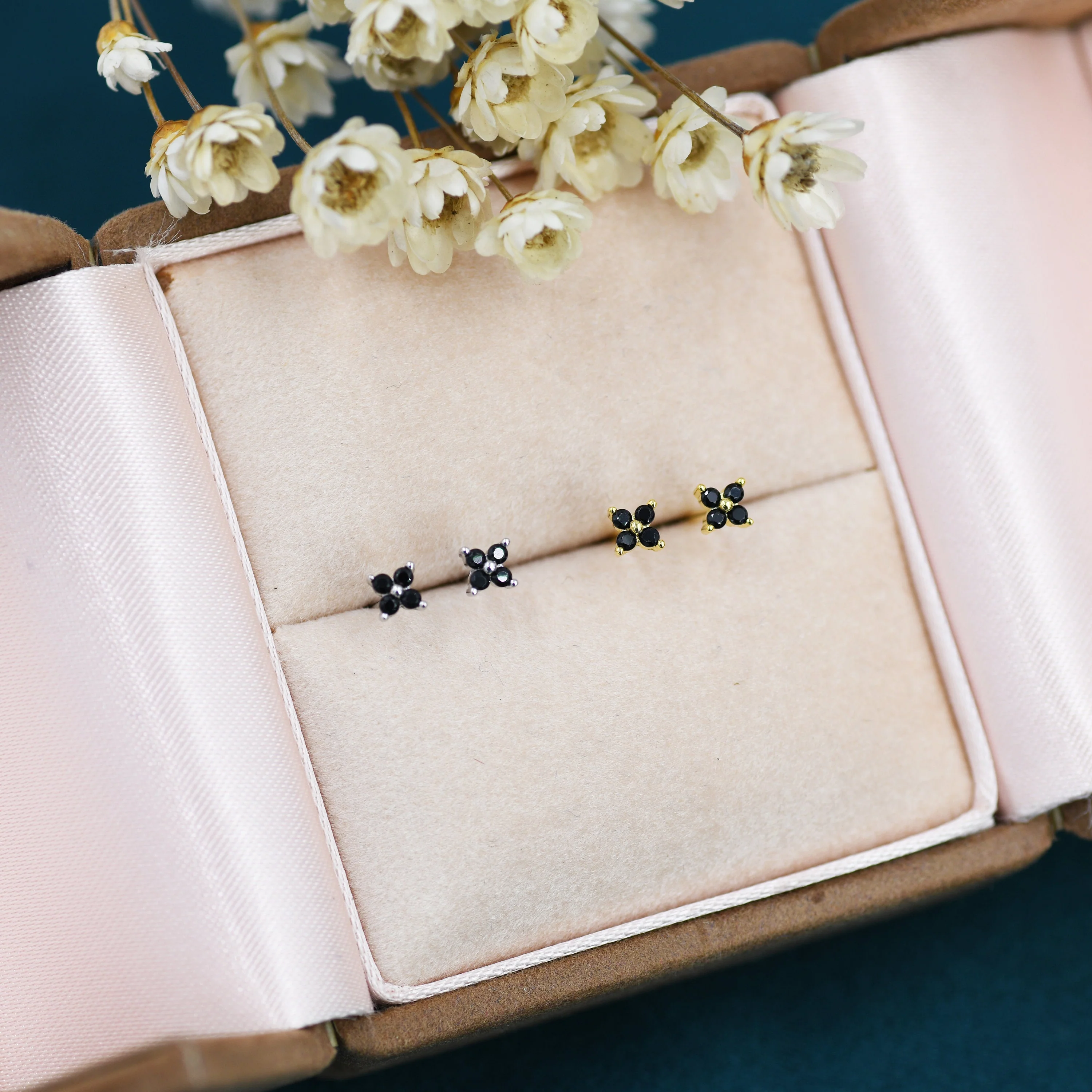 Black CZ Flower Stud Earrings in Sterling Silver, Crystal Flower Earrings, Hydrangea Stud, Four Crystal Stud - Image 2