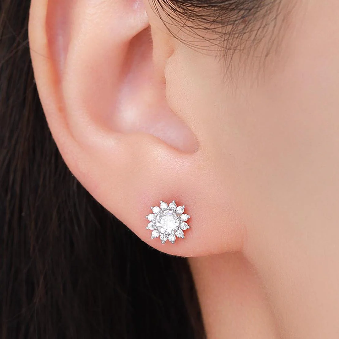 CZ Flower Stud Earrings in Sterling Silver, Gold or Silver, Simulated Diamond Snowflake Earrings - Image 2