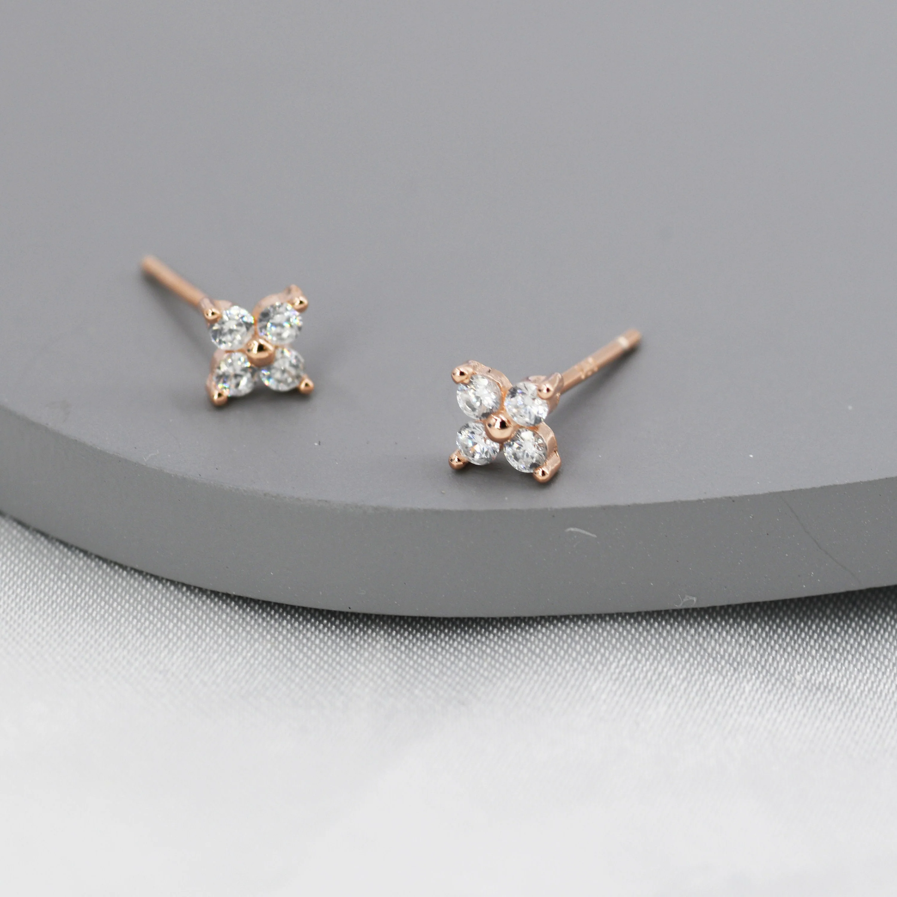 CZ Flower Stud Earrings in Sterling Silver, Rose Gold Over Sterling Silver, Hydrangea Flower Earrings, Four CZ Earrings - Image 4