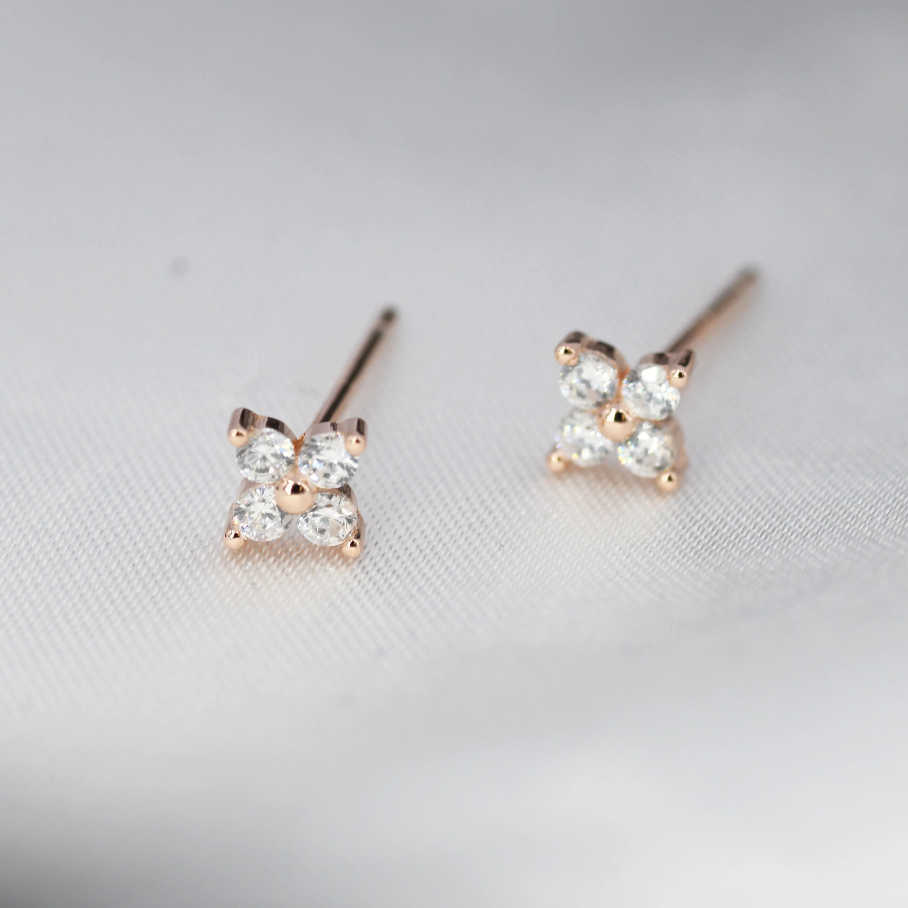 CZ Flower Stud Earrings in Sterling Silver, Rose Gold Over Sterling Silver, Hydrangea Flower Earrings, Four CZ Earrings - Image 9