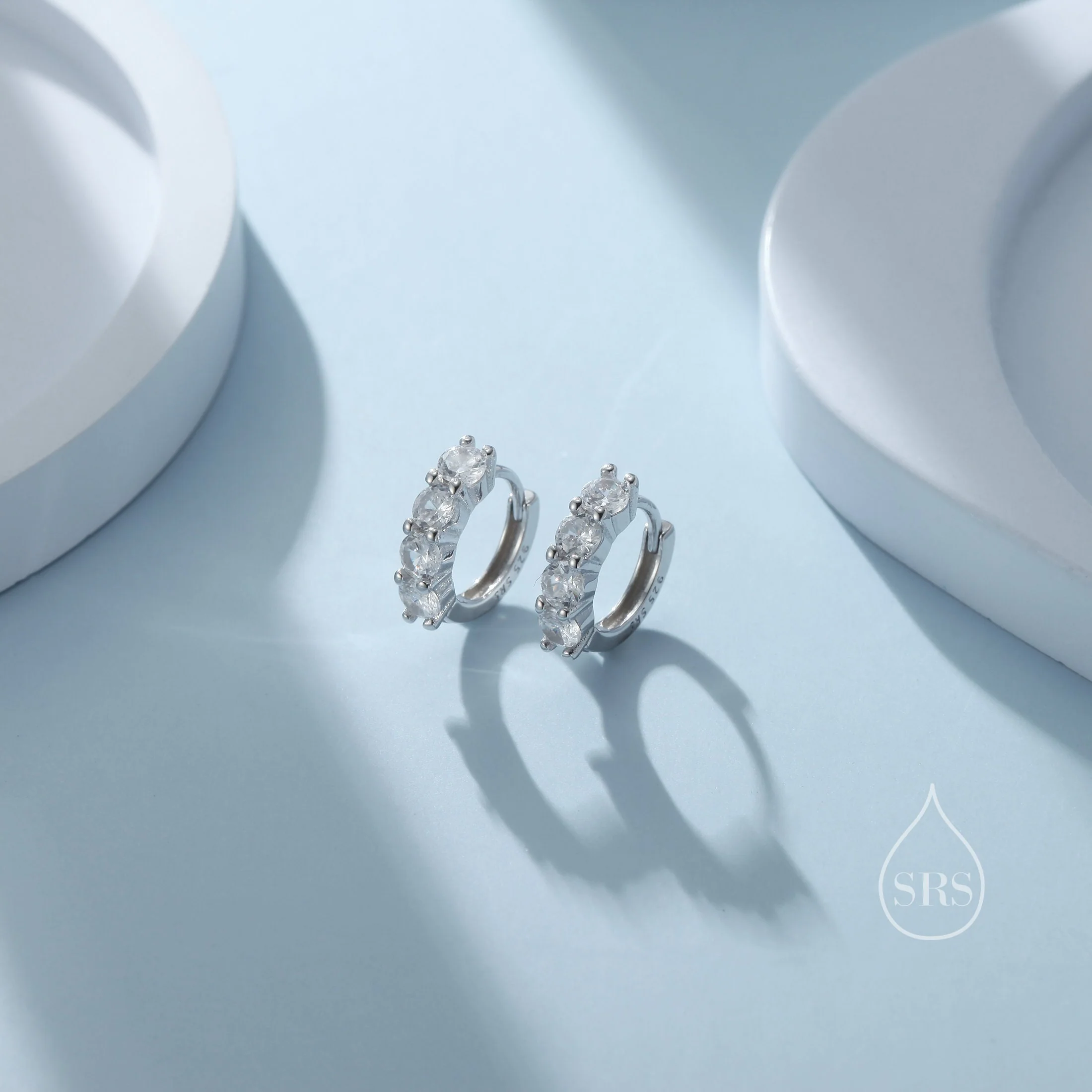 CZ Huggie Hoop Earrings in Sterling Silver, 8mm Hoops, Silver or Gold, 4mm Geometric Hoop Earrings, Green, Blue, Purple, Rainbow or Clear CZ - Image 4