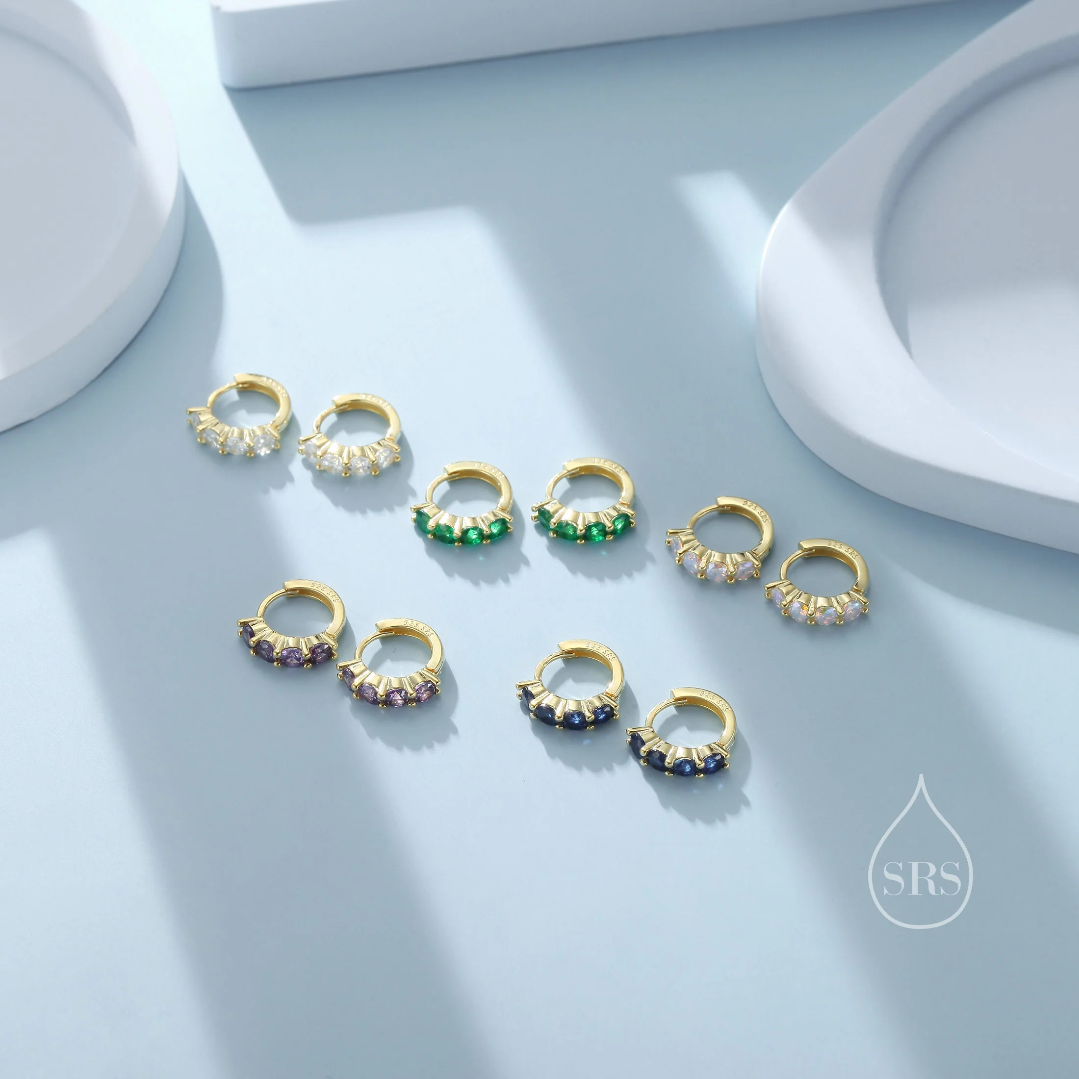 CZ Huggie Hoop Earrings in Sterling Silver, 8mm Hoops, Silver or Gold, 4mm Geometric Hoop Earrings, Green, Blue, Purple, Rainbow or Clear CZ - Image 9