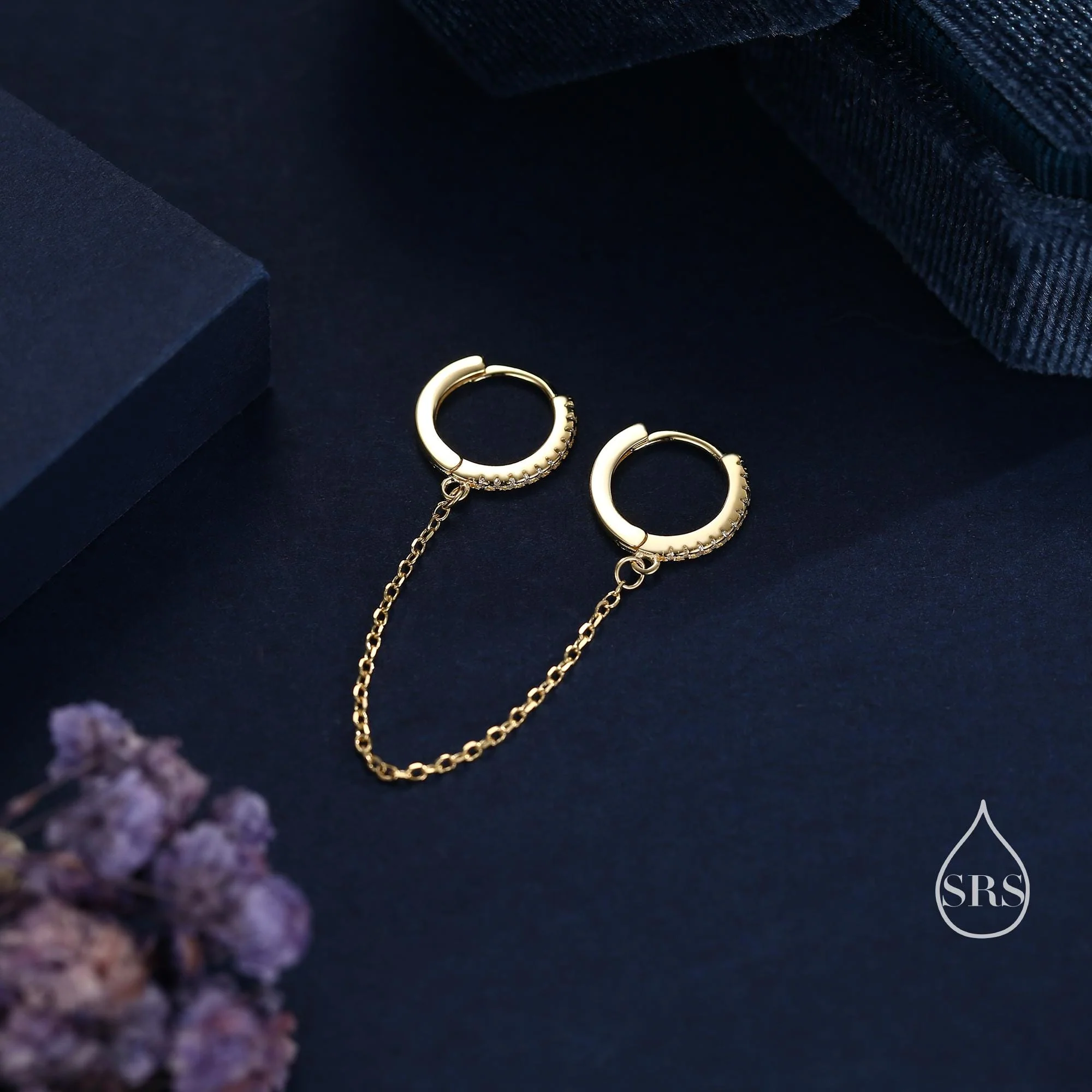 CZ Huggie Hoop Earrings with a Linking Chain, Chained Hoop Earrings, Linked Hoops, Linked Crystal Hoops - Image 3