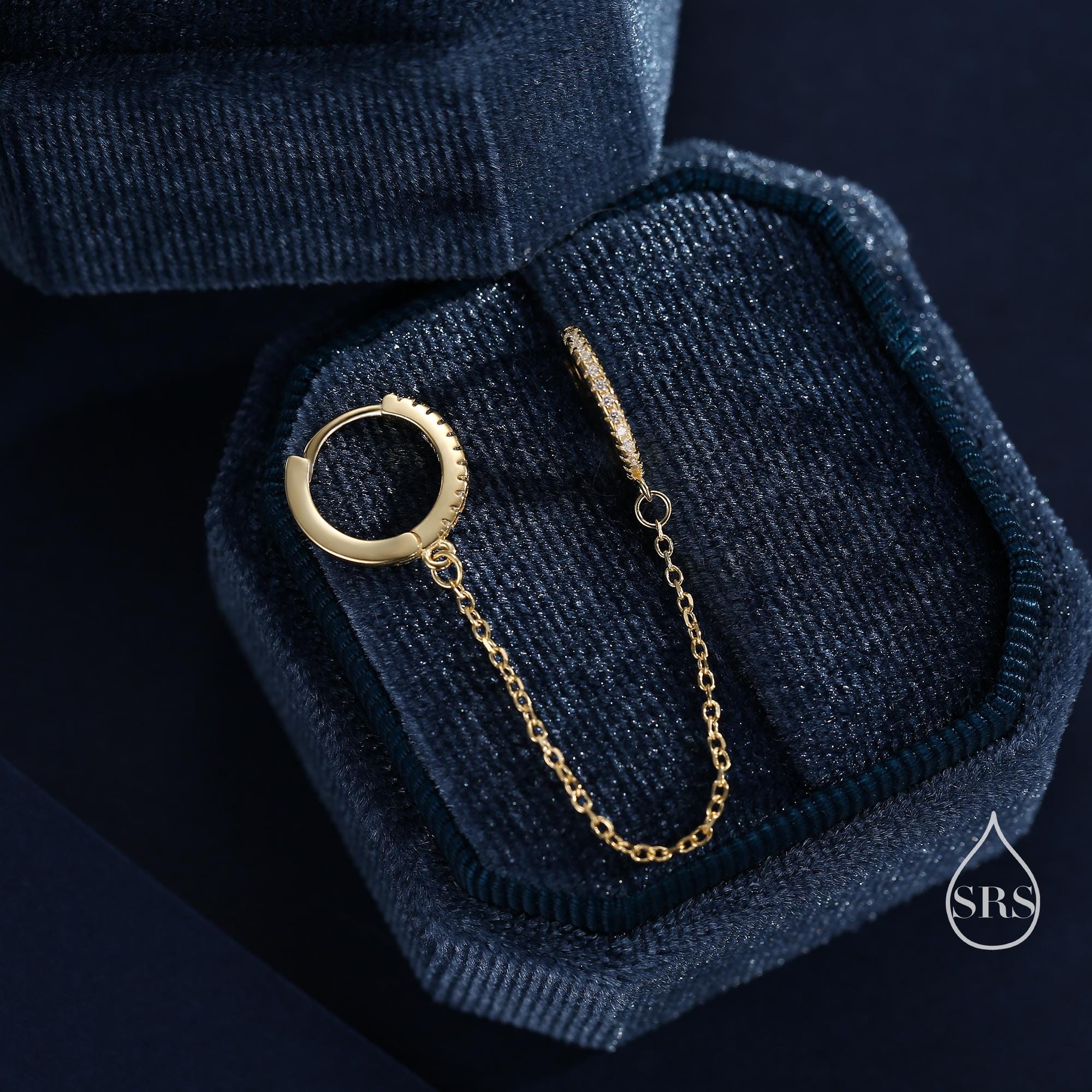 CZ Huggie Hoop Earrings with a Linking Chain, Chained Hoop Earrings, Linked Hoops, Linked Crystal Hoops - Image 4