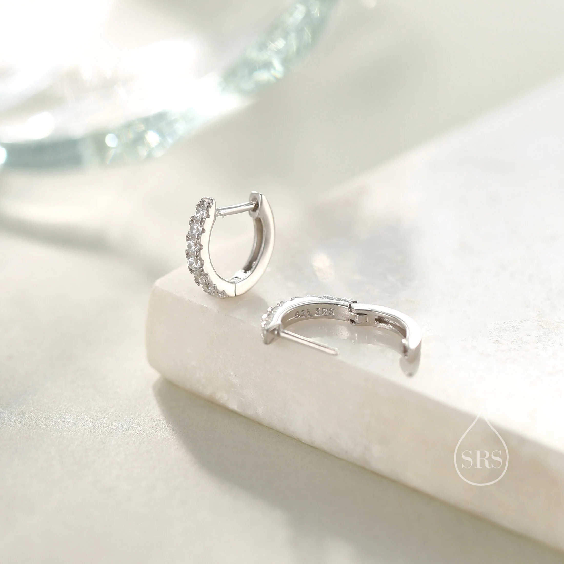 CZ Huggie Hoops in Sterling Silver, Silver or Gold, Minimalist Hoop Earrings, 8mm Hoops, cartilage hoops - Image 3