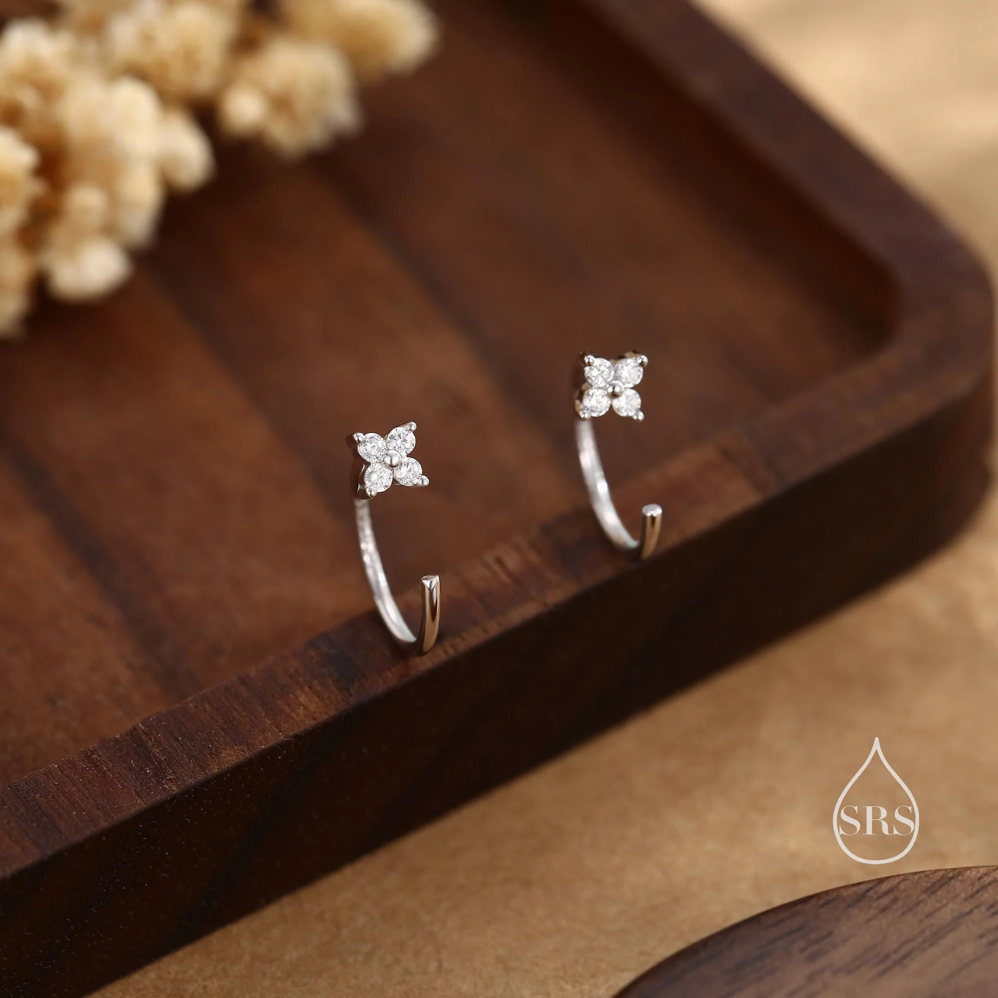 CZ Hydrangea Flower Huggie Hoop Earrings in Sterling Silver, Tiny CZ Open Hoops, Pull Through Threaders, Half Hoops - Image 3