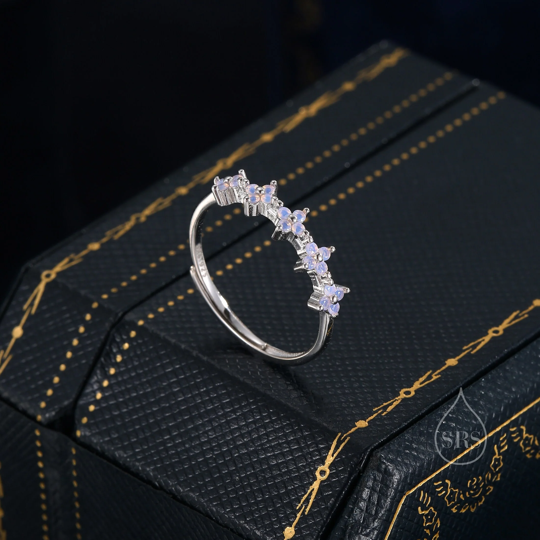 CZ Hydrangea Half Eternity Ring in Sterling Silver, Blue, Pink or Clear CZ, Size 5-8, Adjustable CZ Inifity Ring - Image 6