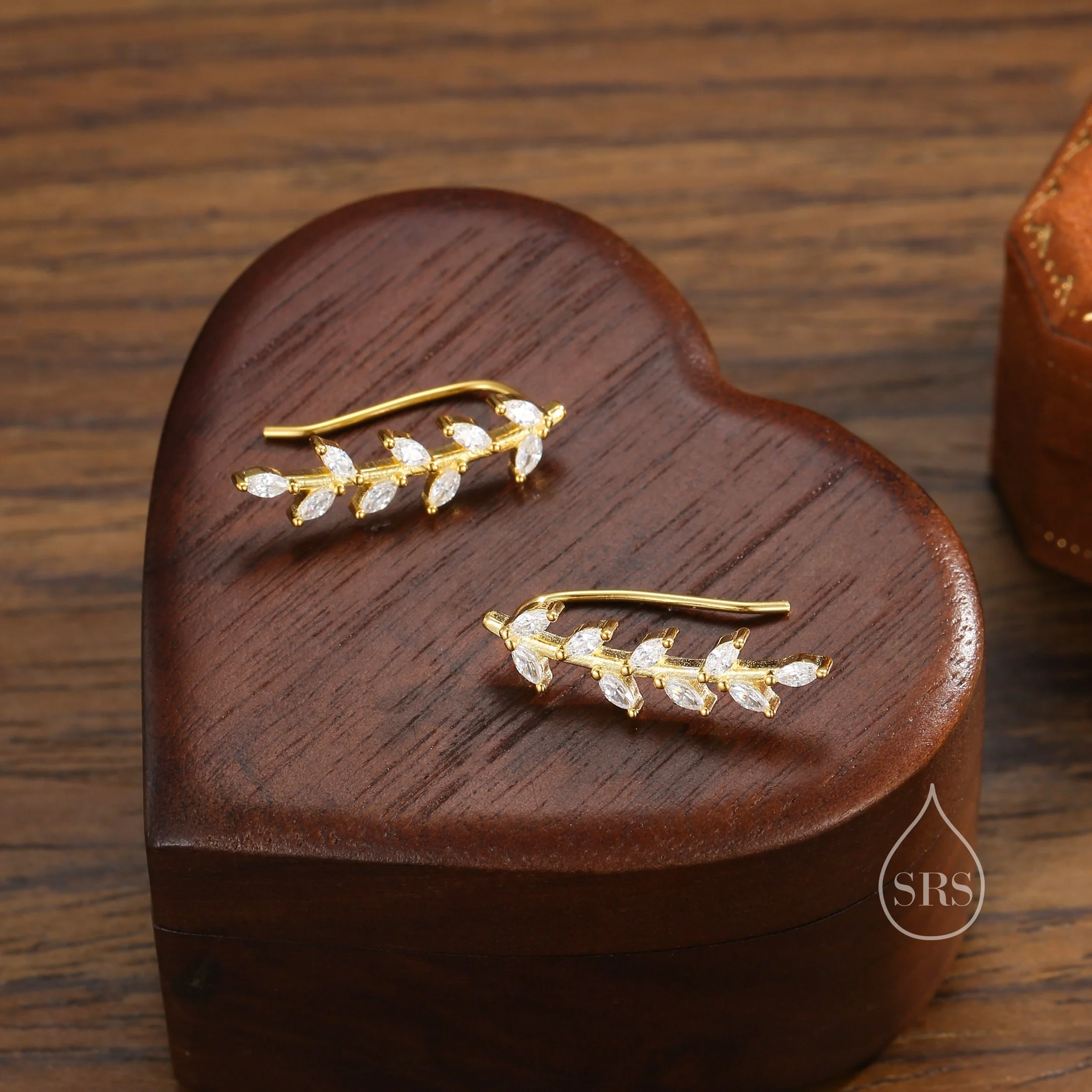 CZ Leaf crawler Earrings in Sterling Silver, Silver, Gold or Rose Gold, Olive Branch Climber Earrings, Nature Inspired Ear Climbers - Image 4