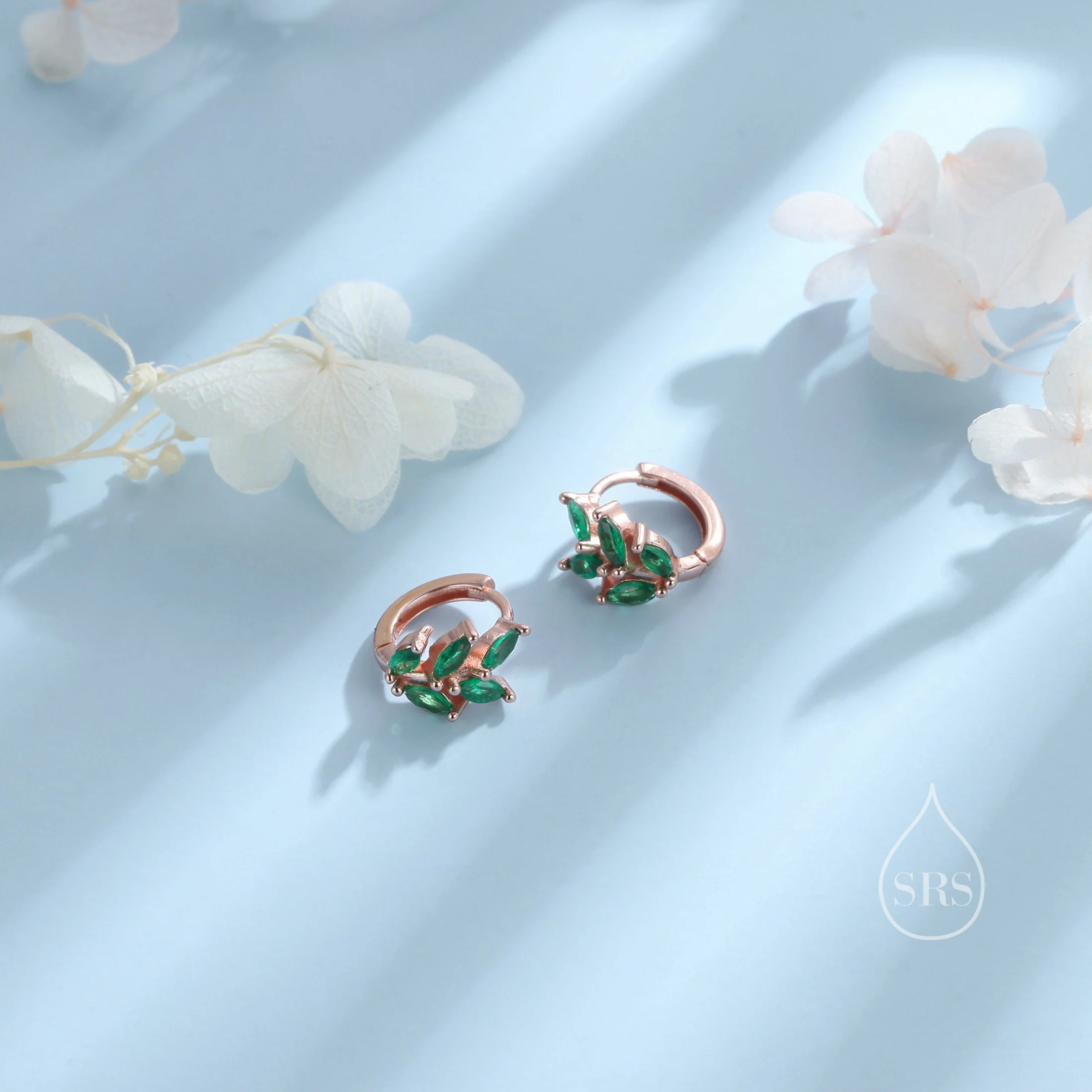 CZ Leaf Huggie Hoop Earrings in Sterling Silver, Silver or Gold or Rose Gold, Clear CZ or Green CZ Hoop Earrings - Image 7
