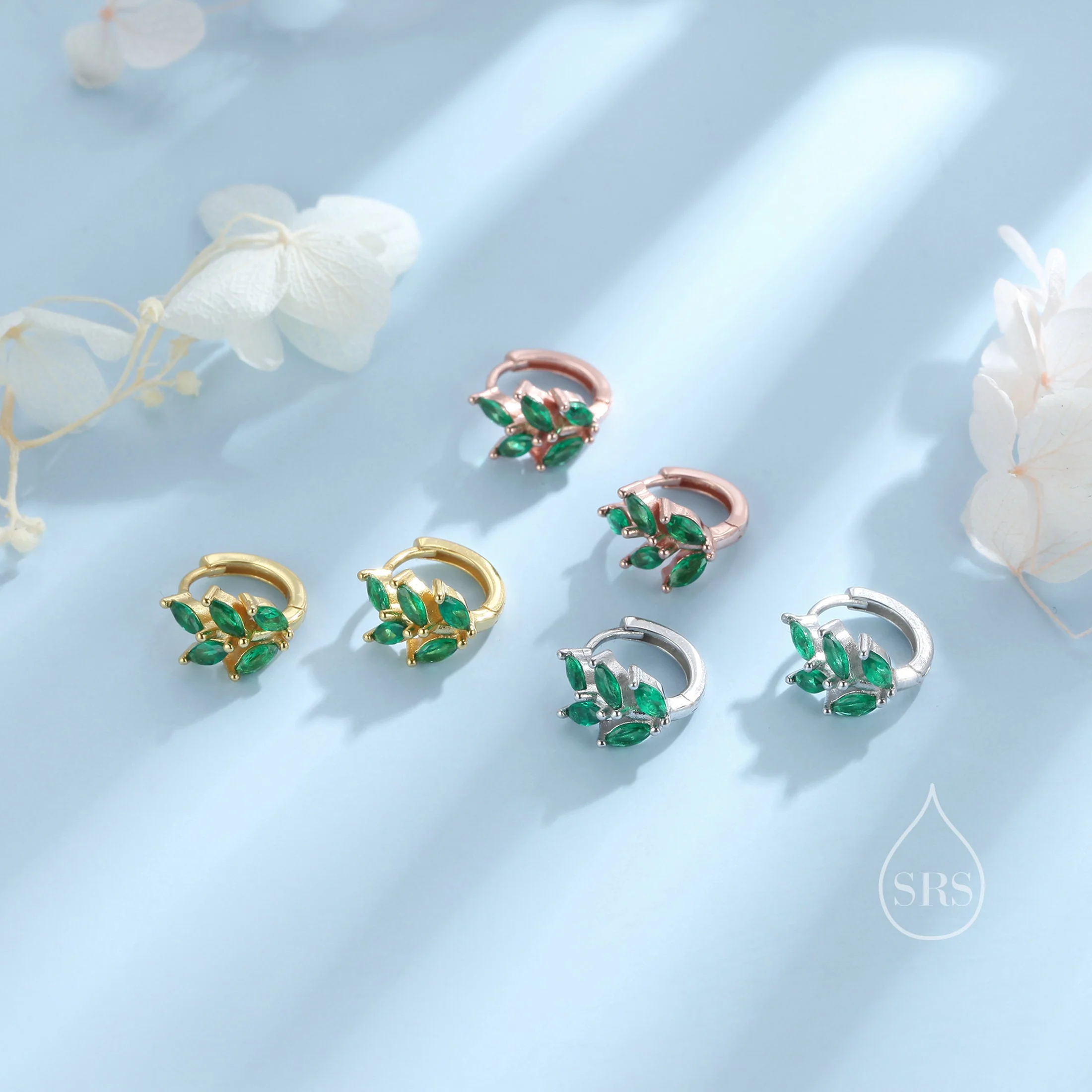 CZ Leaf Huggie Hoop Earrings in Sterling Silver, Silver or Gold or Rose Gold, Clear CZ or Green CZ Hoop Earrings - Image 9