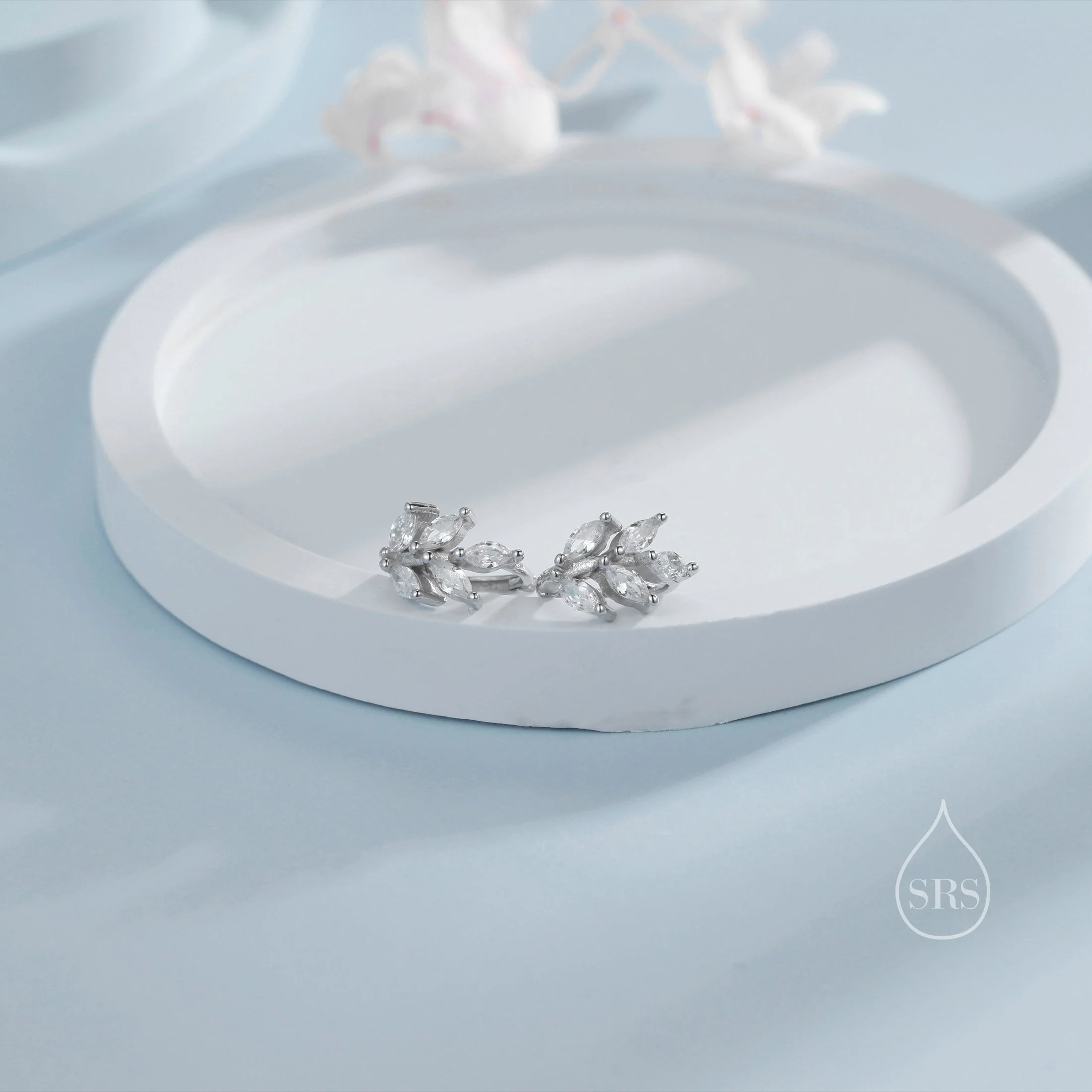 CZ Leaf Huggie Hoop Earrings in Sterling Silver, Silver or Gold or Rose Gold, Clear CZ or Green CZ Hoop Earrings - Image 3