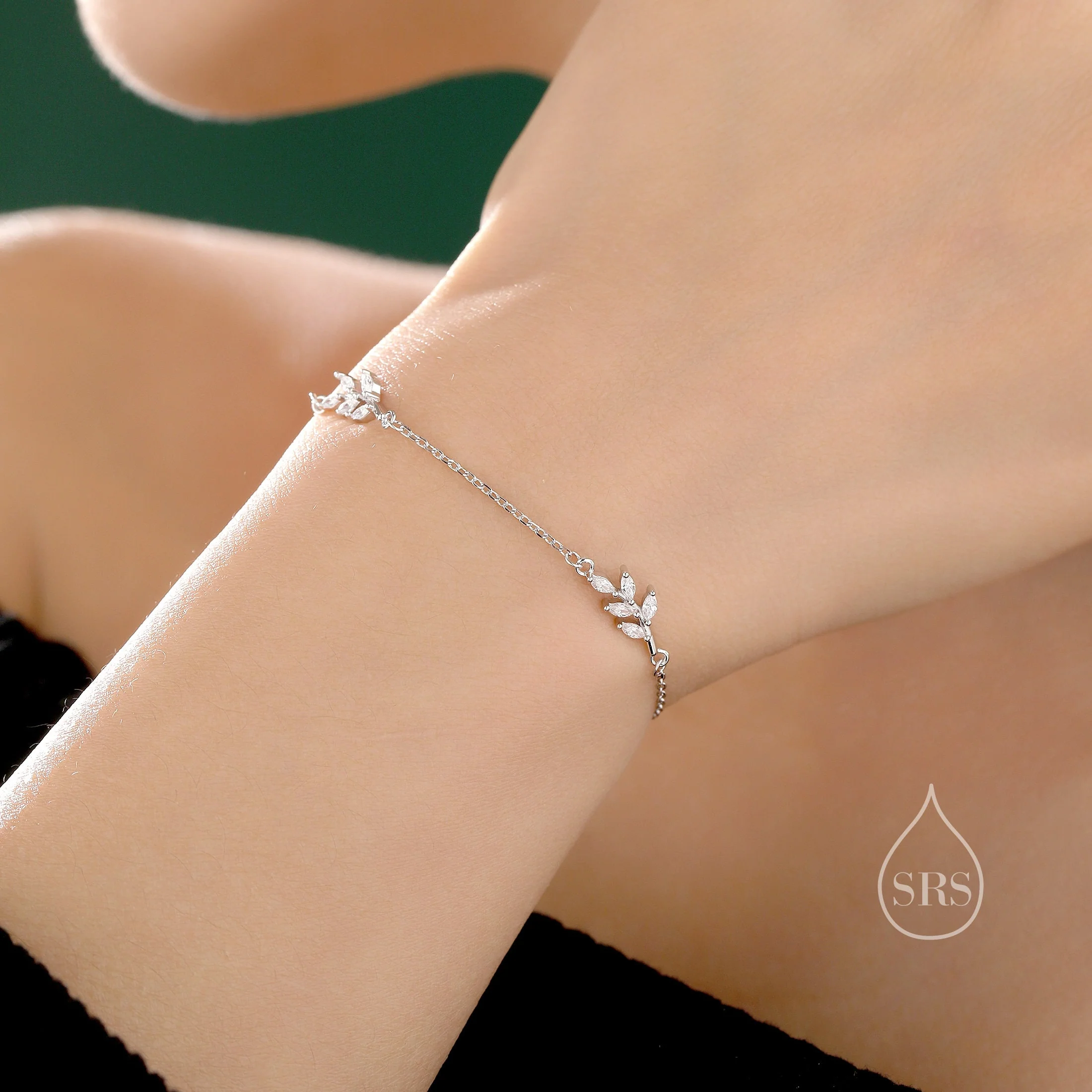 CZ Leaf Motif Bracelet in Sterling Silver, Silver or Gold, Crystal Olive Leaf Bracelet, Olive Branch Bracelet - Image 2
