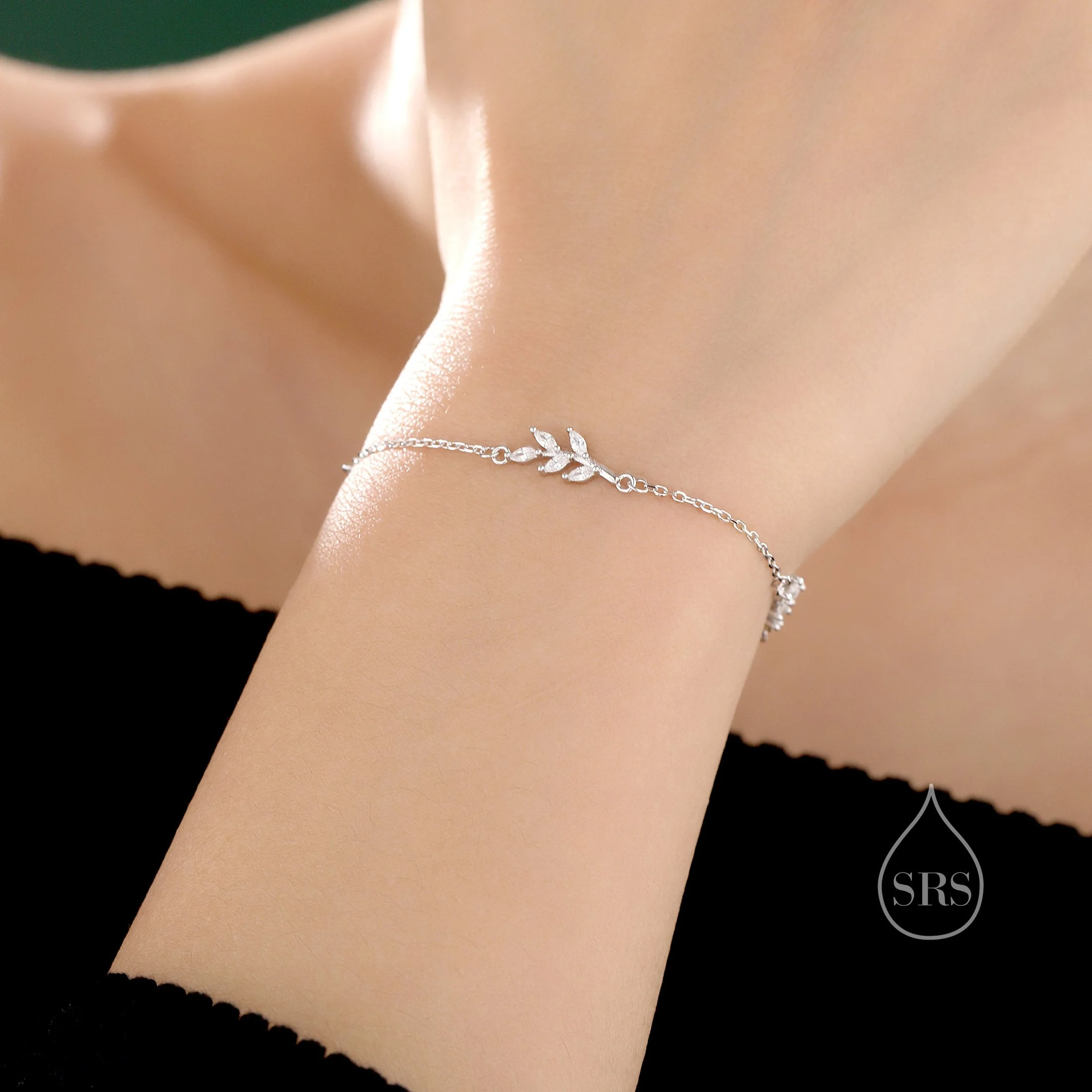 CZ Leaf Motif Bracelet in Sterling Silver, Silver or Gold, Crystal Olive Leaf Bracelet, Olive Branch Bracelet - Image 3