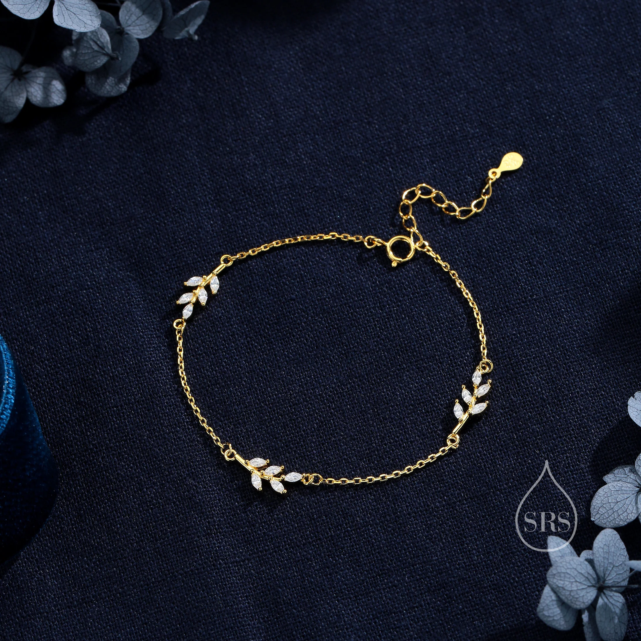 CZ Leaf Motif Bracelet in Sterling Silver, Silver or Gold, Crystal Olive Leaf Bracelet, Olive Branch Bracelet - Image 5