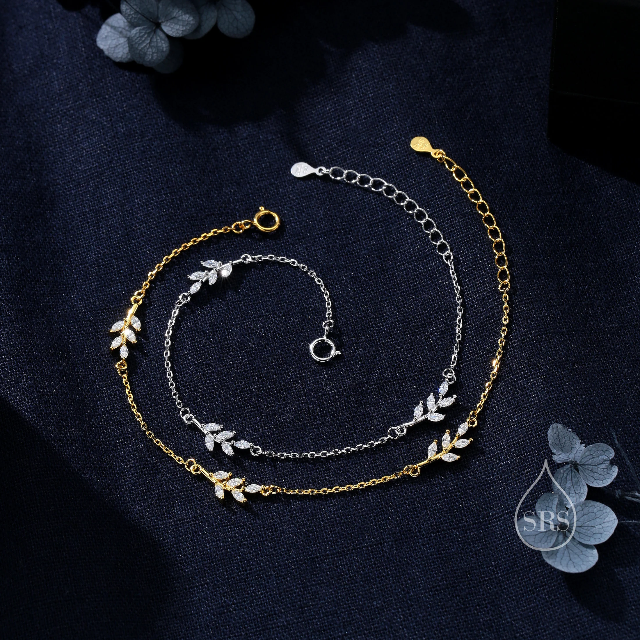 CZ Leaf Motif Bracelet in Sterling Silver, Silver or Gold, Crystal Olive Leaf Bracelet, Olive Branch Bracelet - Image 7