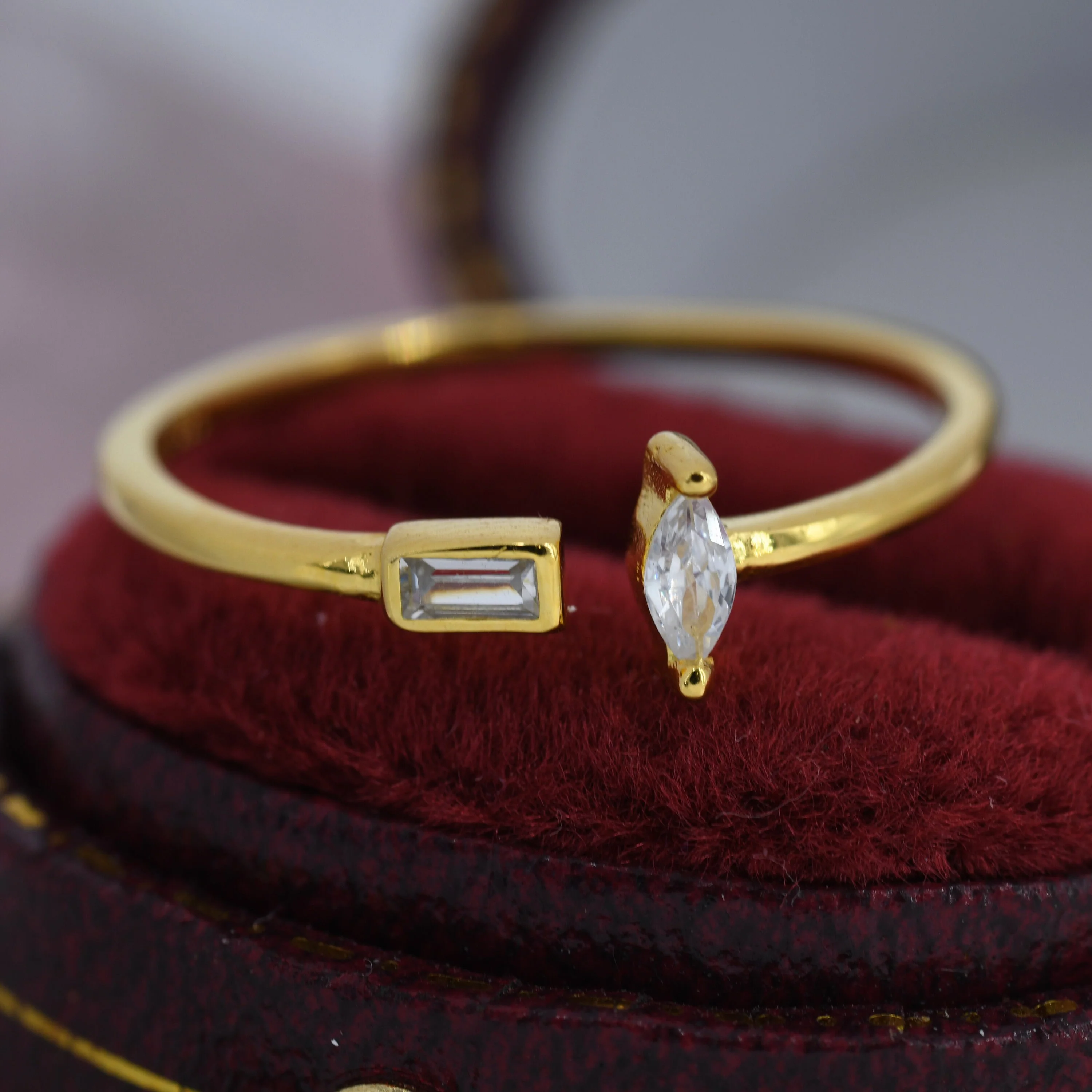 CZ Marquise and Baguette Open Ring in Sterling Silver, Silver or Gold, Adjustable, Geometric Minimalist CZ Ring - Image 2